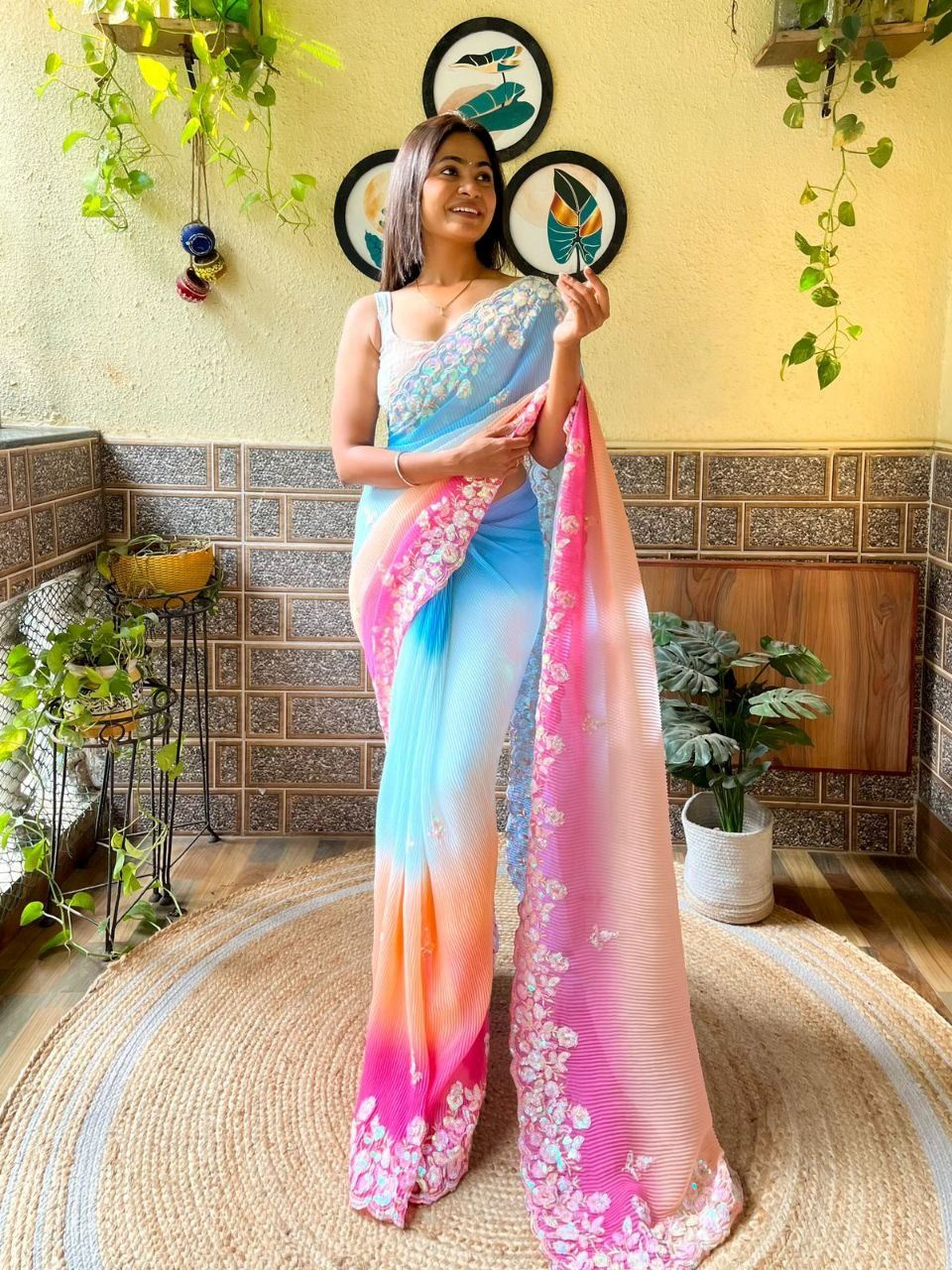Sky Colour Georgette Embroidery Crush Work Saree