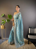 Sky Colour Gold Crush Embroidery Work Saree