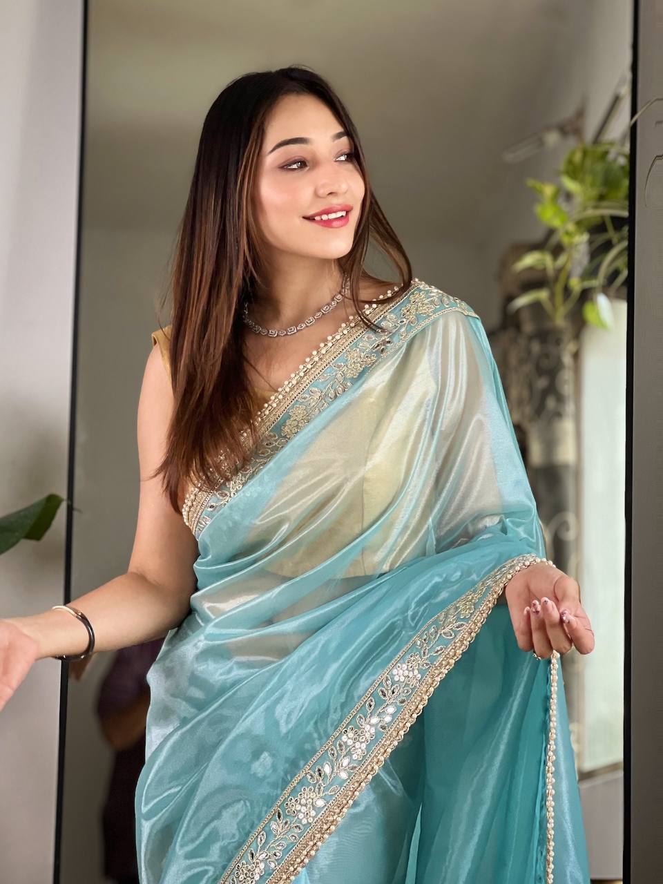 Sky Colour Silver Tissue Silk Embroidery And Mirror Work Saree