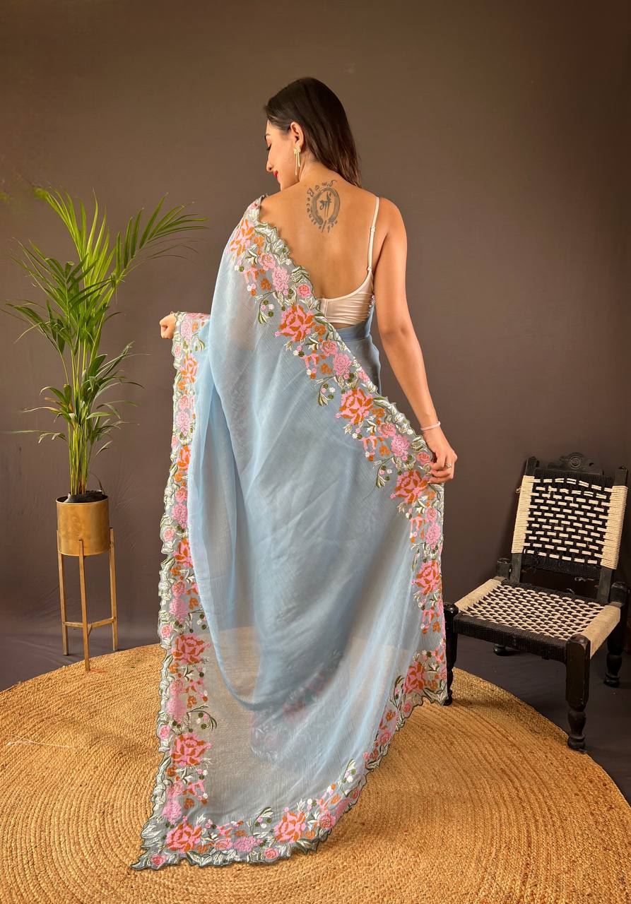 Sky Colour Soft Glossy Silk Heavy Embroidery Work Saree