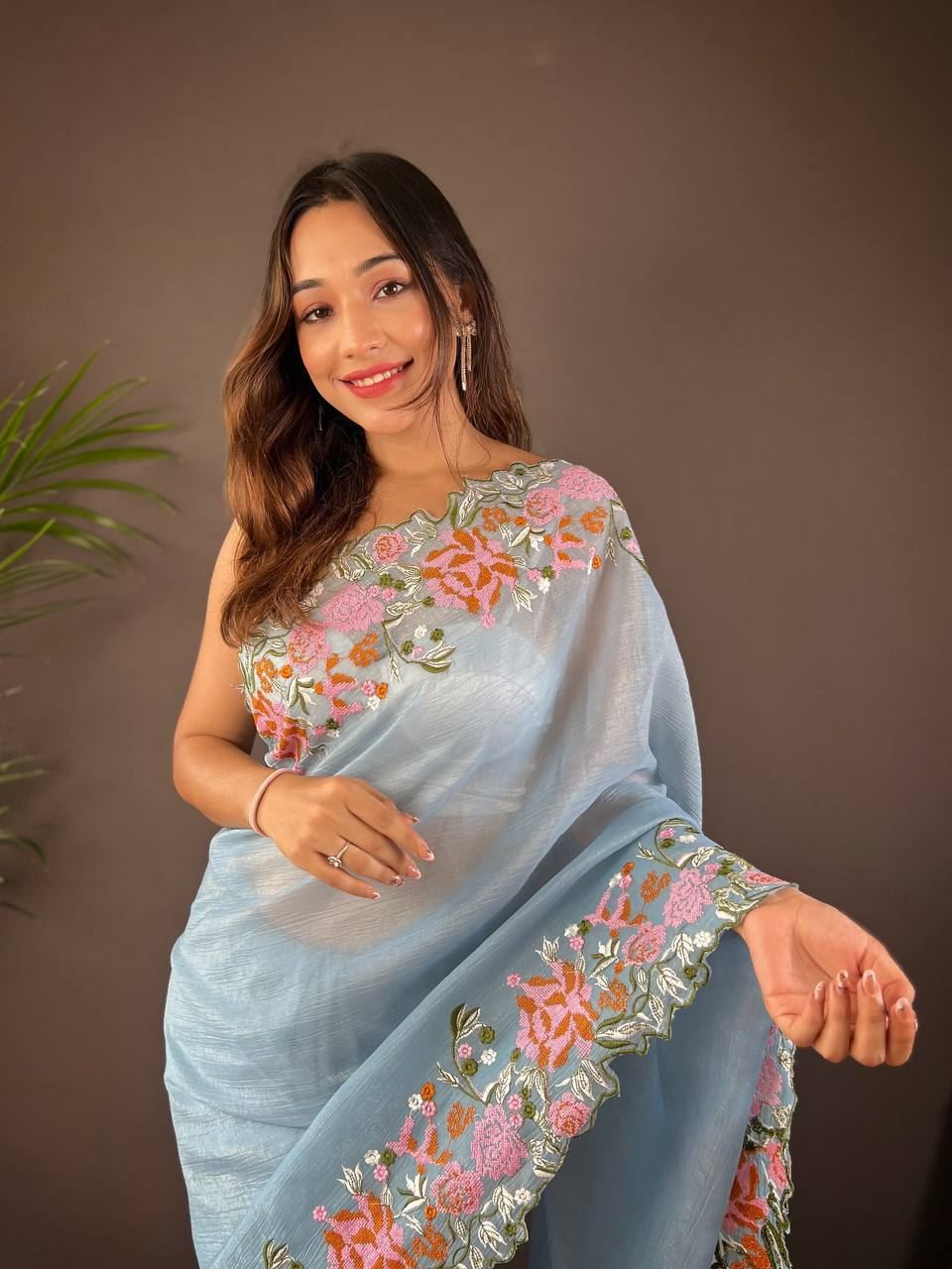 Sky Colour Soft Glossy Silk Heavy Embroidery Work Saree