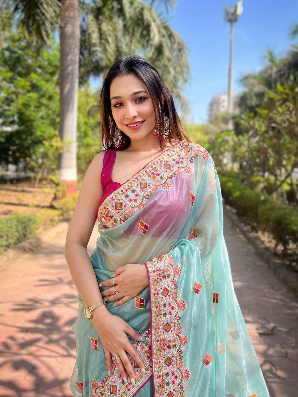 Sky  Colour Twill Net Designer Embroidery Work Saree