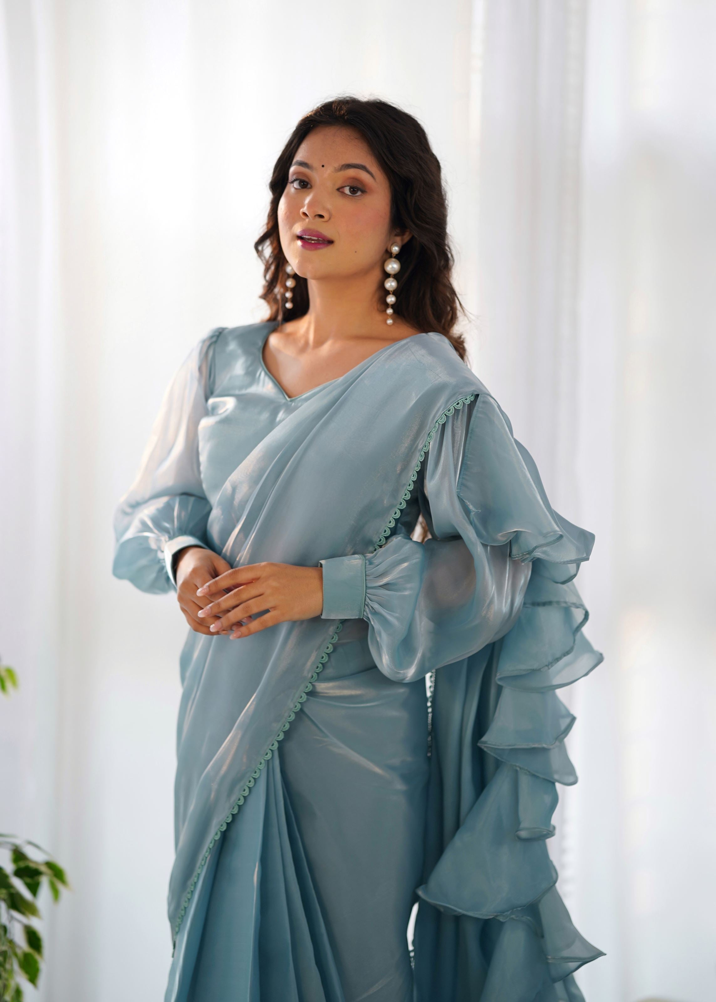 Sky Colour Zimichhu Silk Fully Stitched Ready To Wear Saree