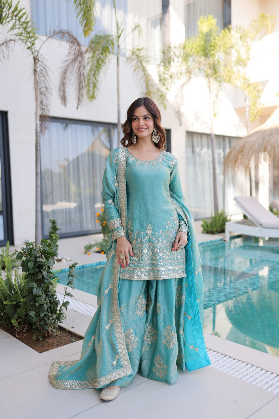 Sky Fendi Crush Designer Suit Set With Zari & Sequin Embroidery
