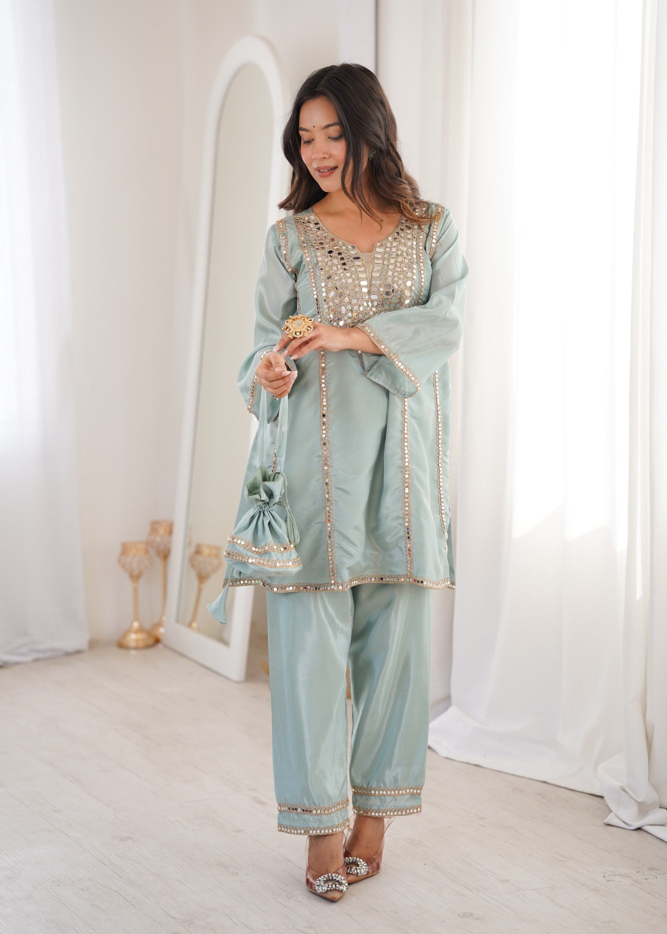 Sky H O Silk Designer Suit Set With Heavy Mirror Lace Work