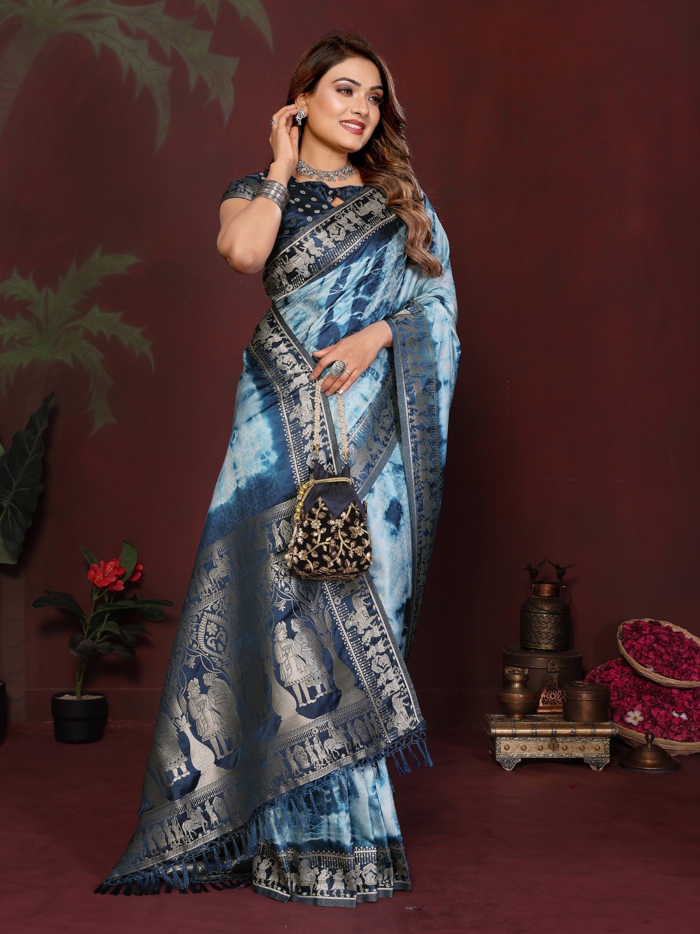 Sky Navy Blue Soft Satin Silk Saree With Elegant Sibory Zari Weaving