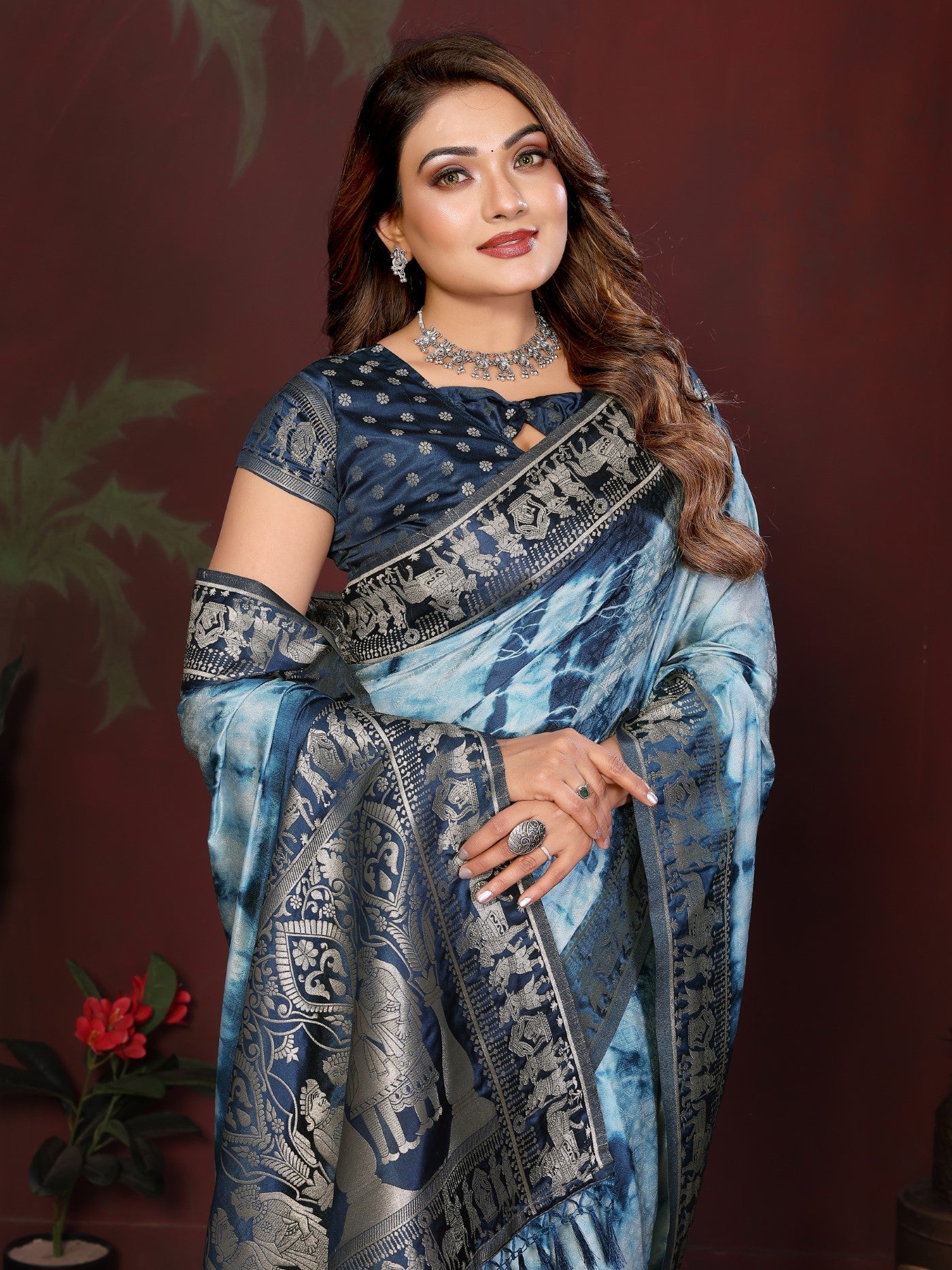 Sky Navy Blue Soft Satin Silk Saree With Elegant Sibory Zari Weaving