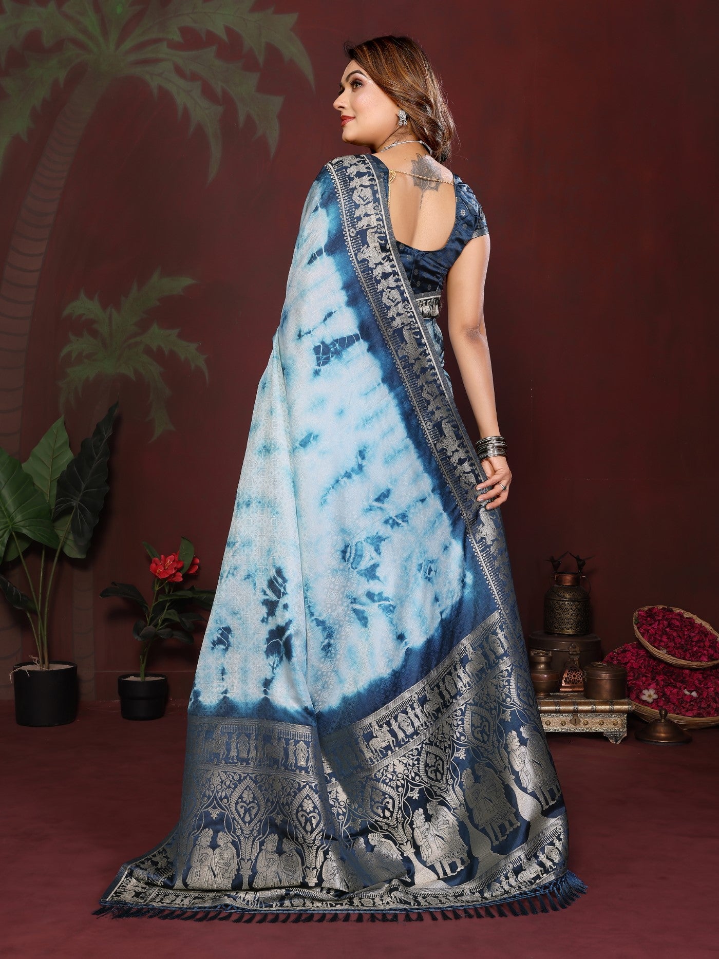 Sky Navy Blue Soft Satin Silk Saree With Elegant Sibory Zari Weaving