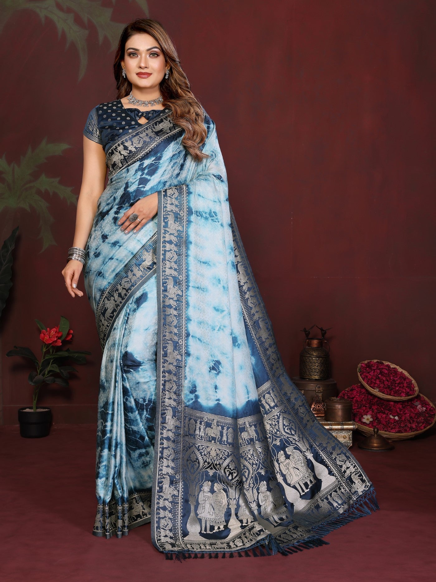 Sky Navy Blue Soft Satin Silk Saree With Elegant Sibory Zari Weaving