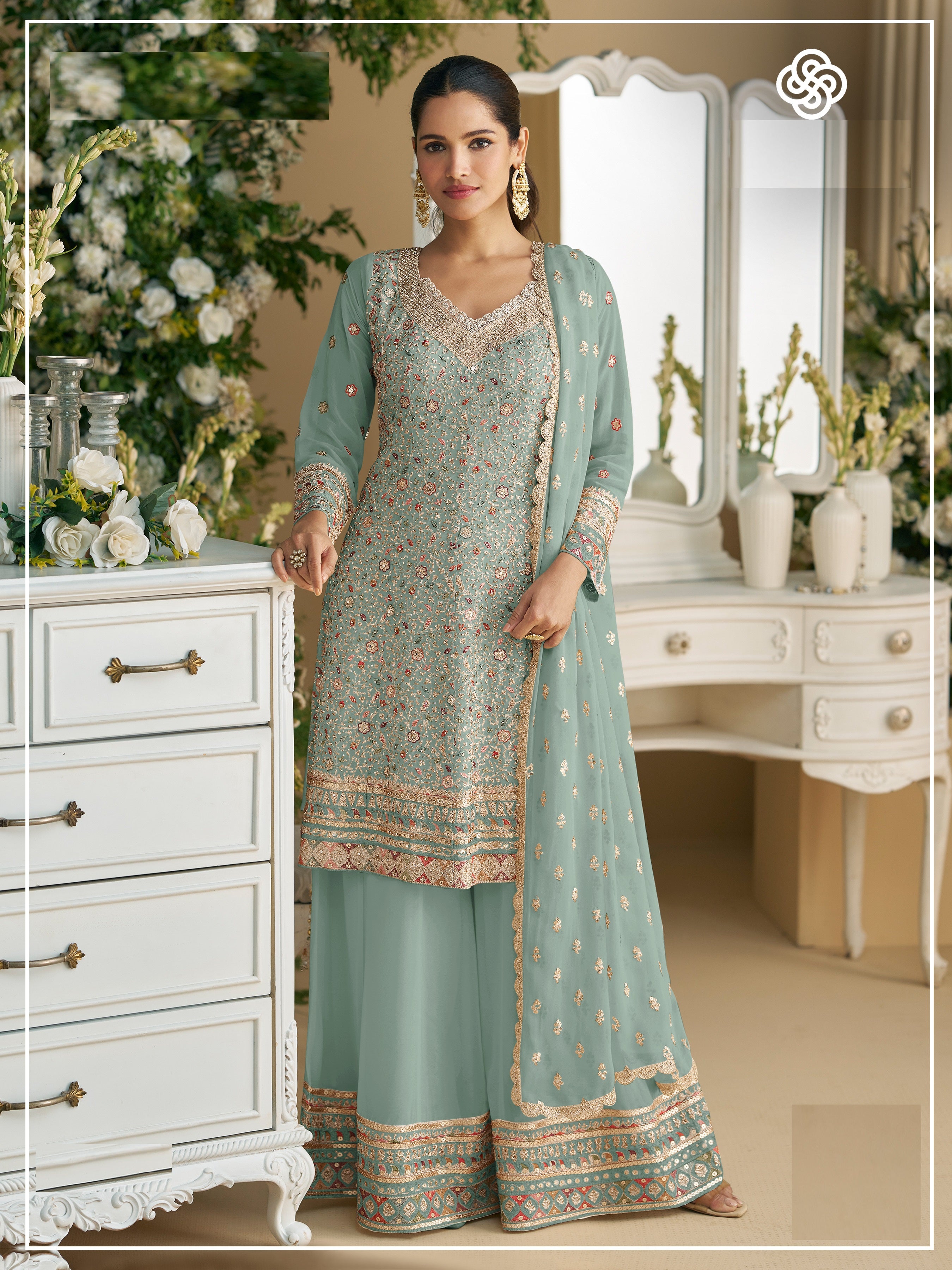 Sky Palazzo Style Salwar Suit With Heavy Embroidery Work