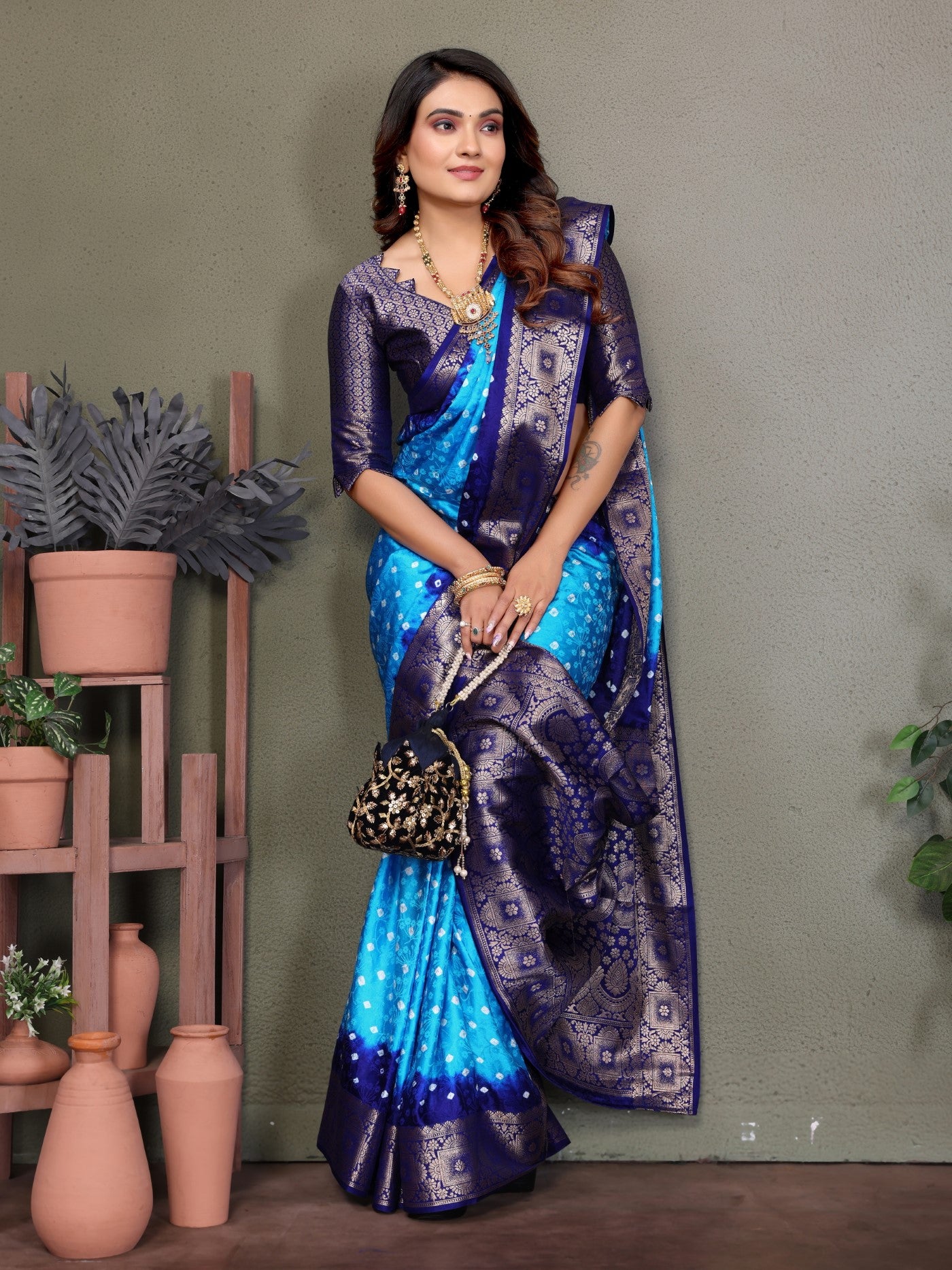 Sky Satin Silk Saree With Elegant Bandhej Zari Weaving