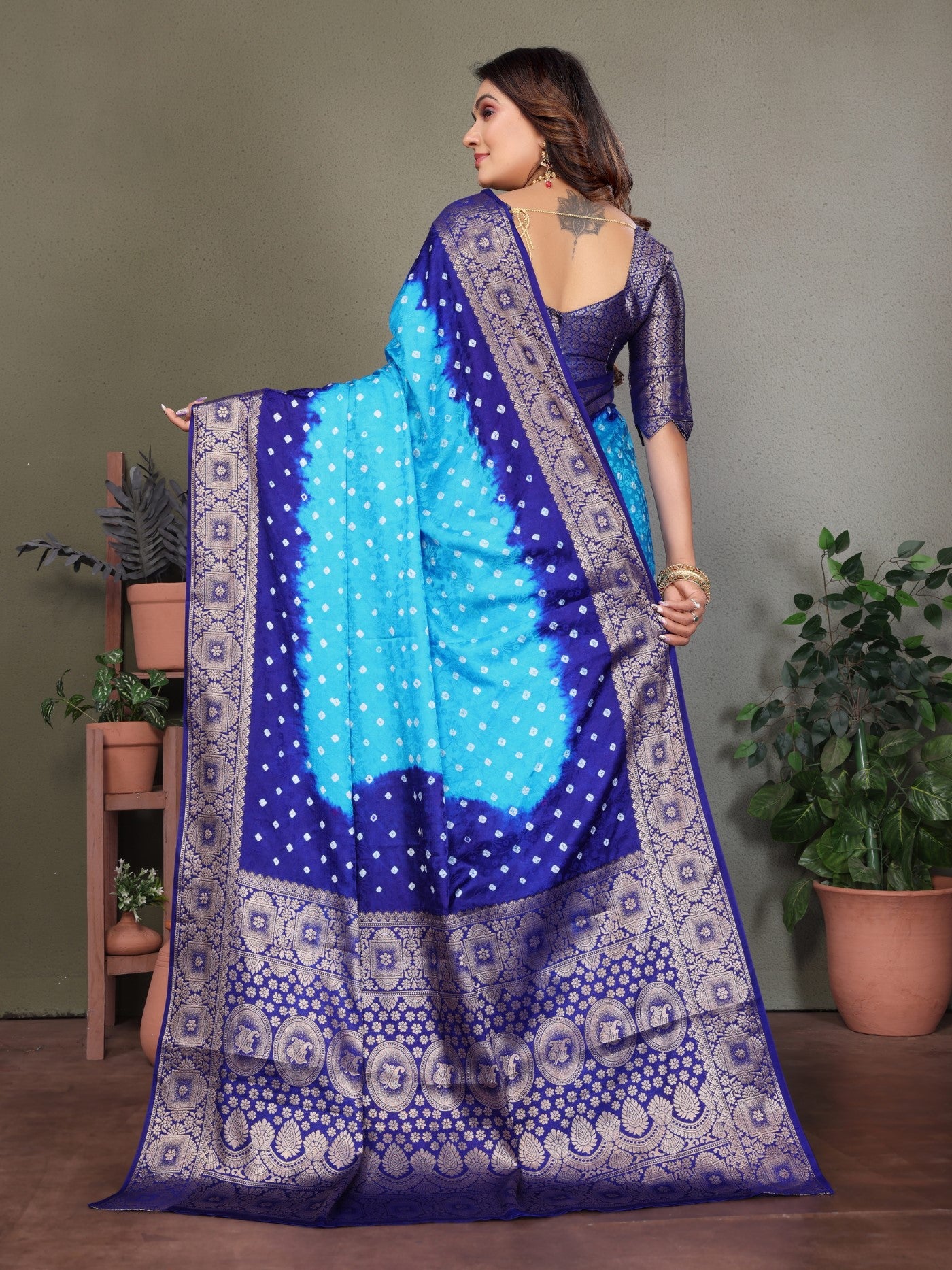 Sky Satin Silk Saree With Elegant Bandhej Zari Weaving