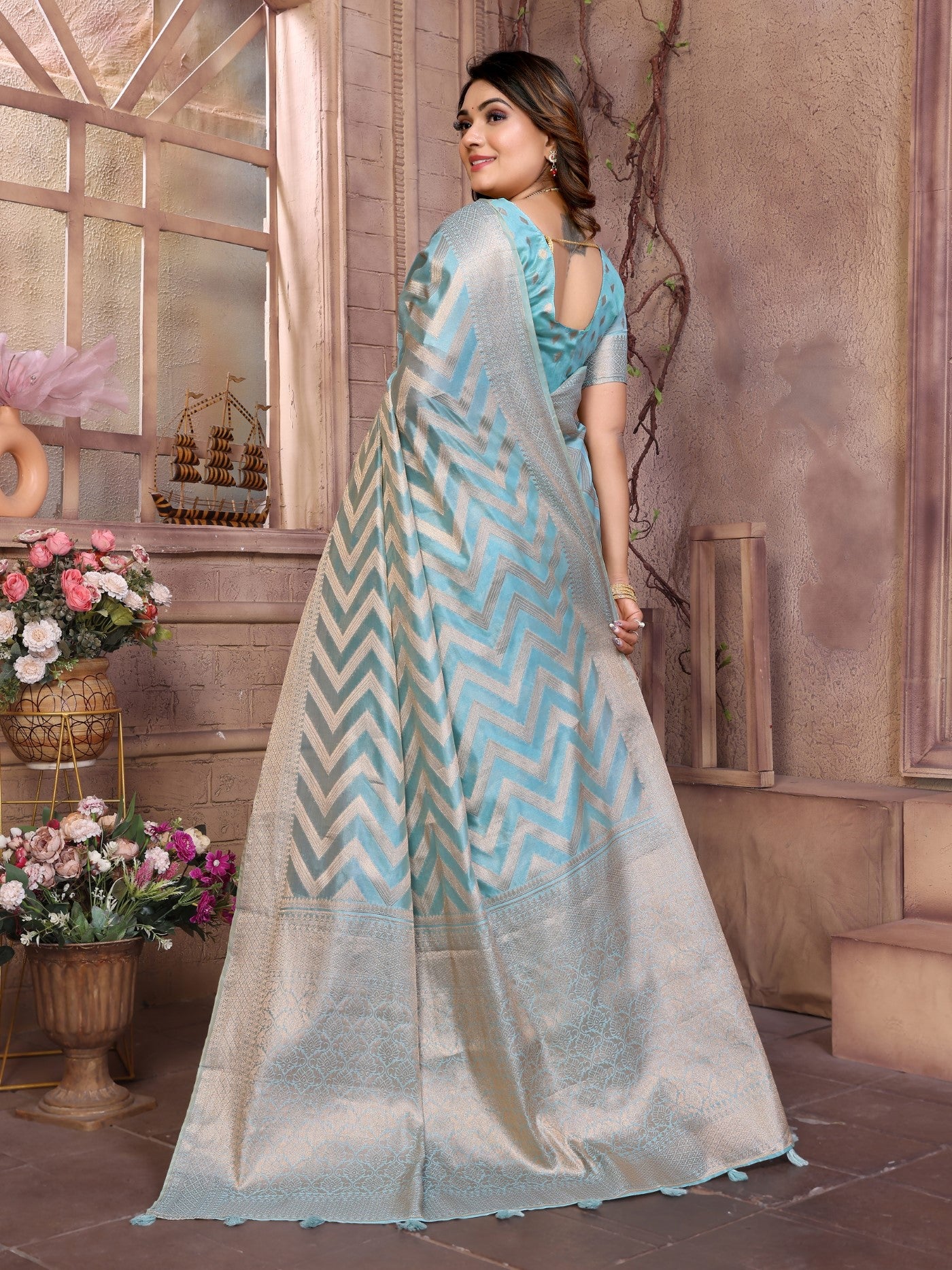 Sky Soft Organza Silk Saree With Elegant Weaving
