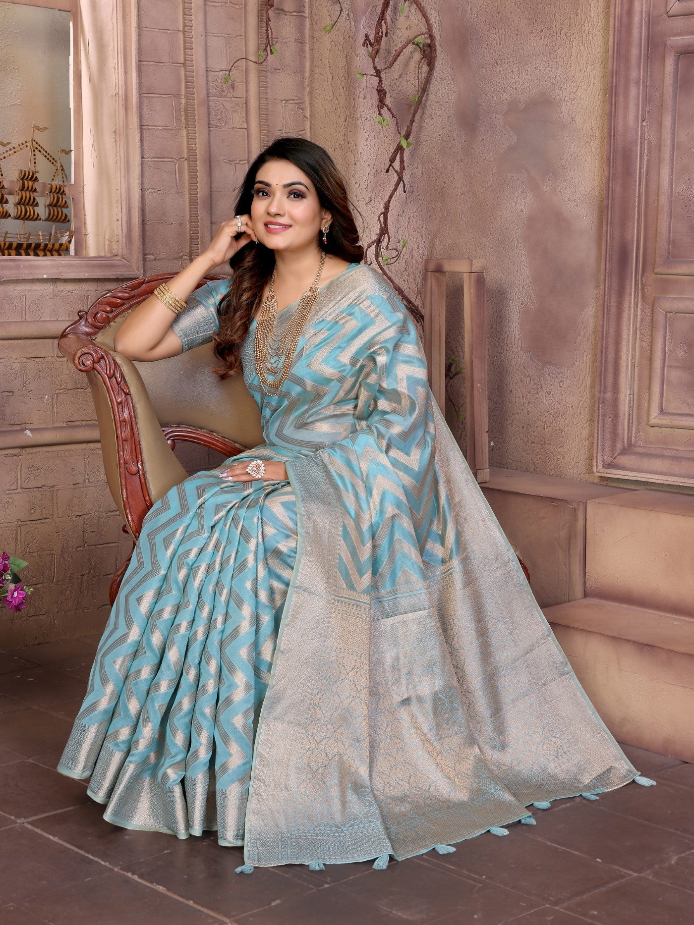 Sky Soft Organza Silk Saree With Elegant Weaving