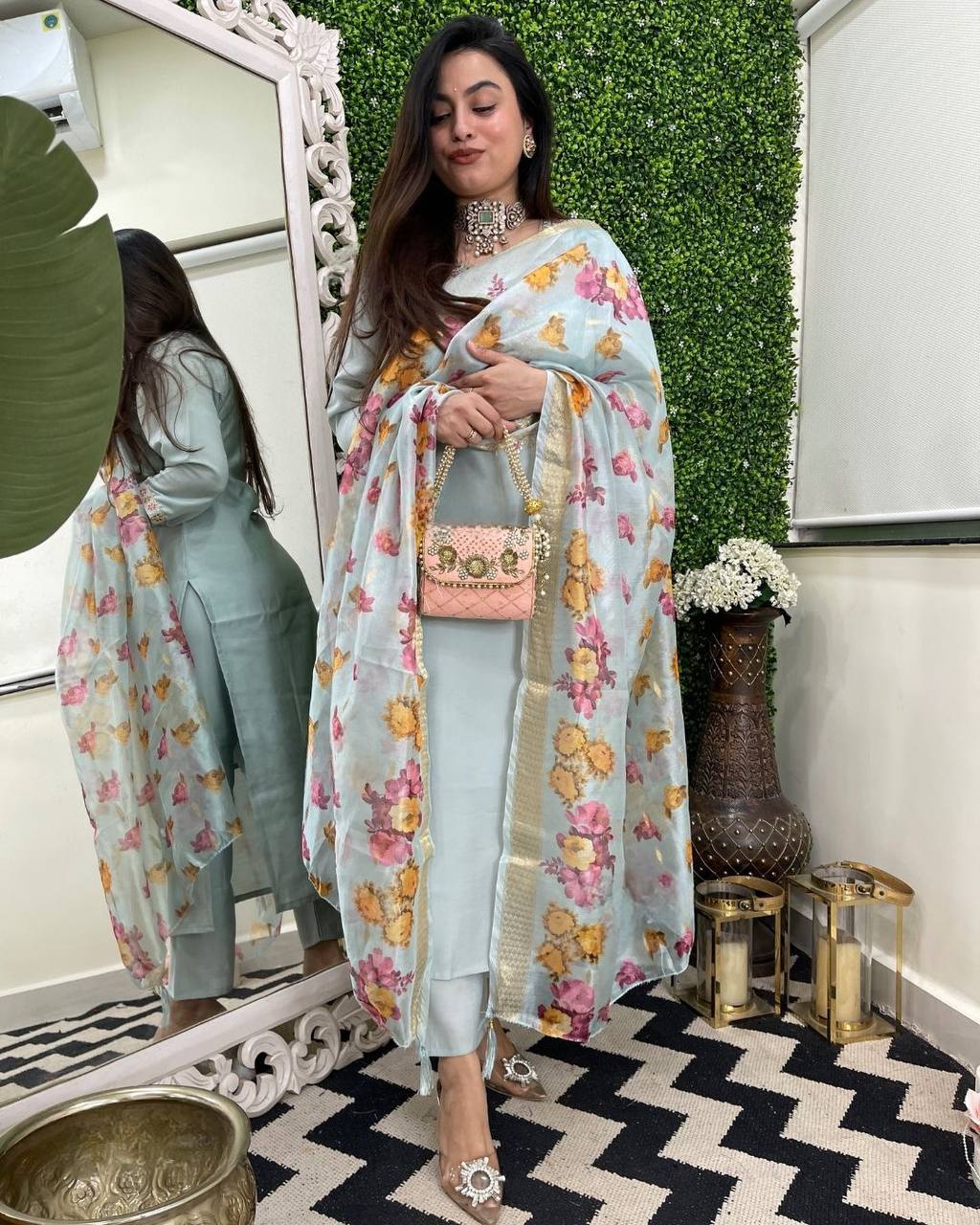 Sky Viscose Chanderi Kurta Pant Set With Heavy Thread Embroidery Work With Jacquard Butti Dupatta