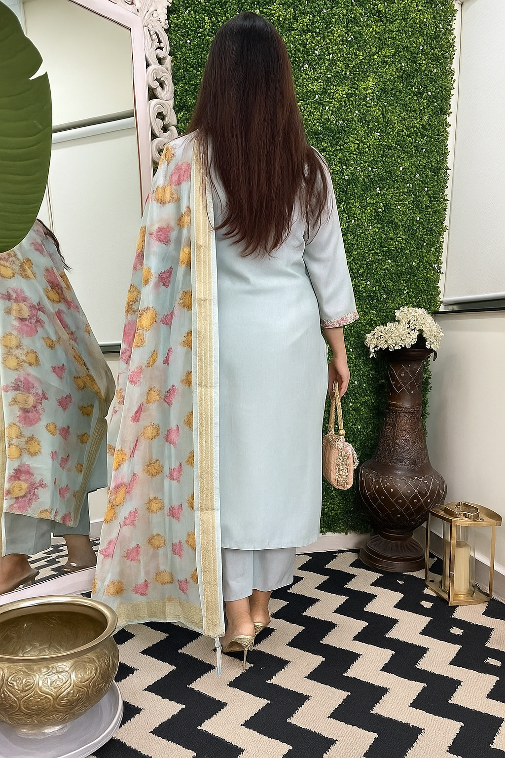 Sky Viscose Chanderi Kurta Pant Set With Heavy Thread Embroidery Work With Jacquard Butti Dupatta