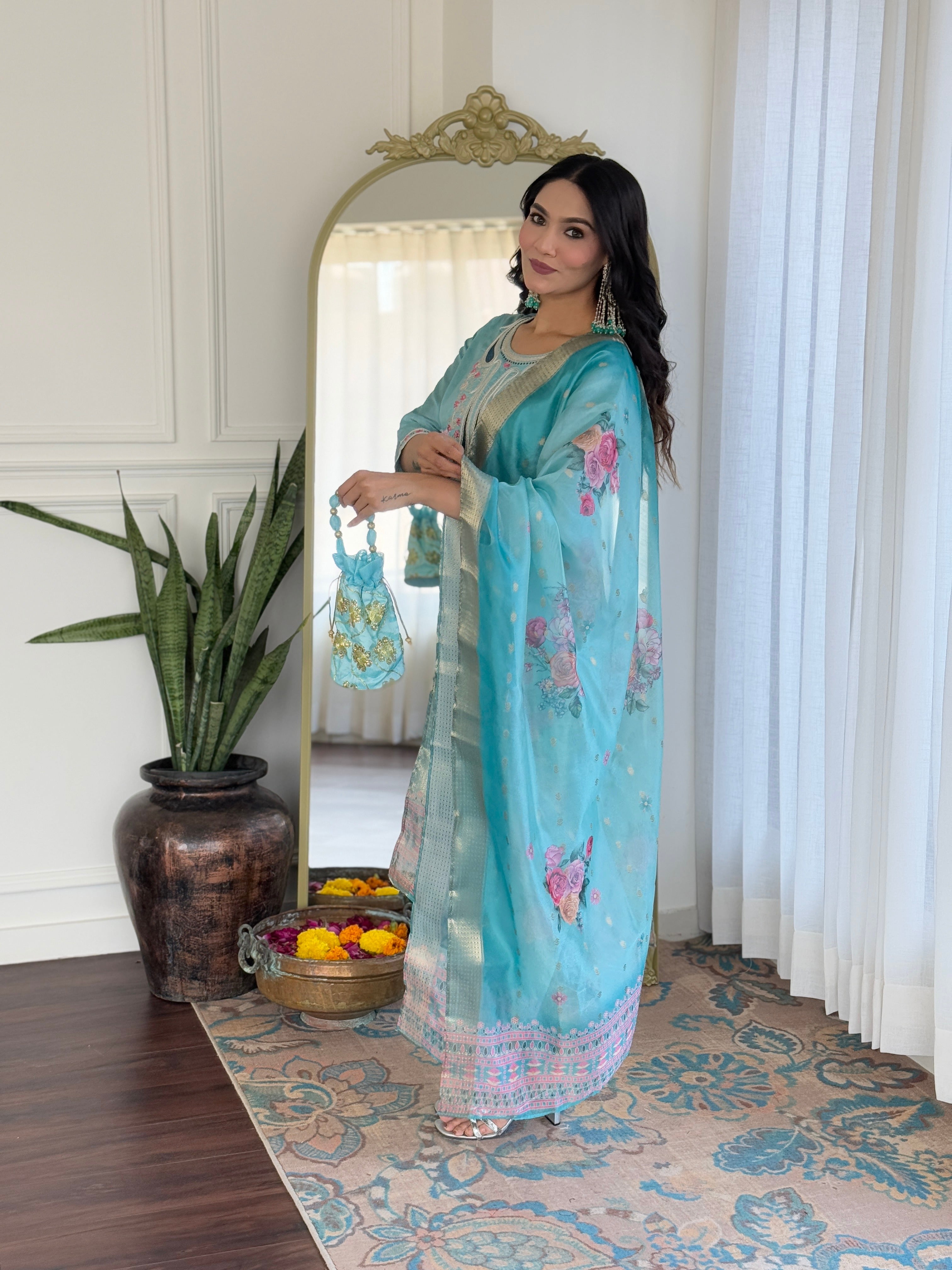 Sky Viscose Elegant Kurta Pant Set With Embroidery Work