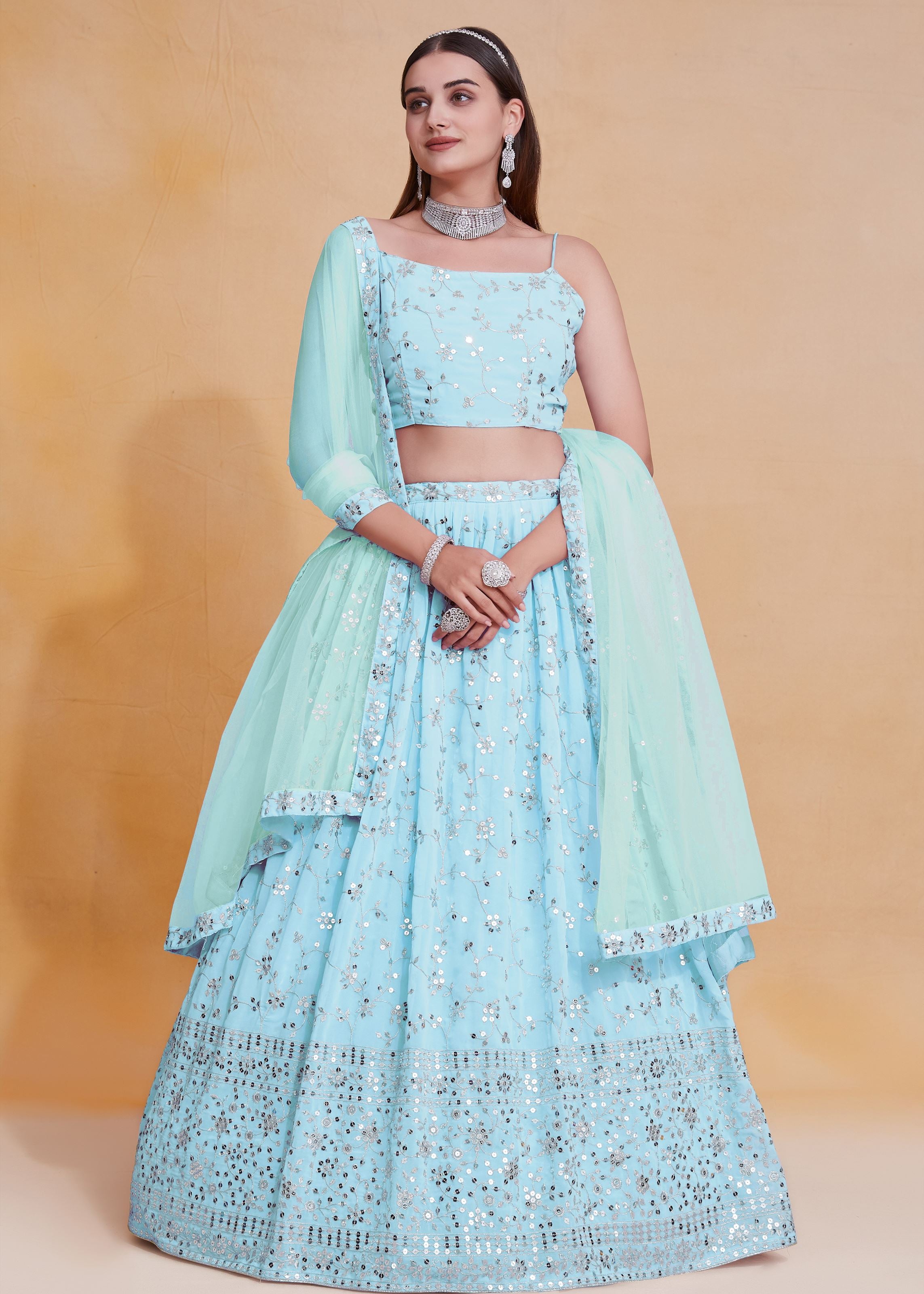 Skyblue  Georgette Sequence Embroidery Work Lehenga Choli