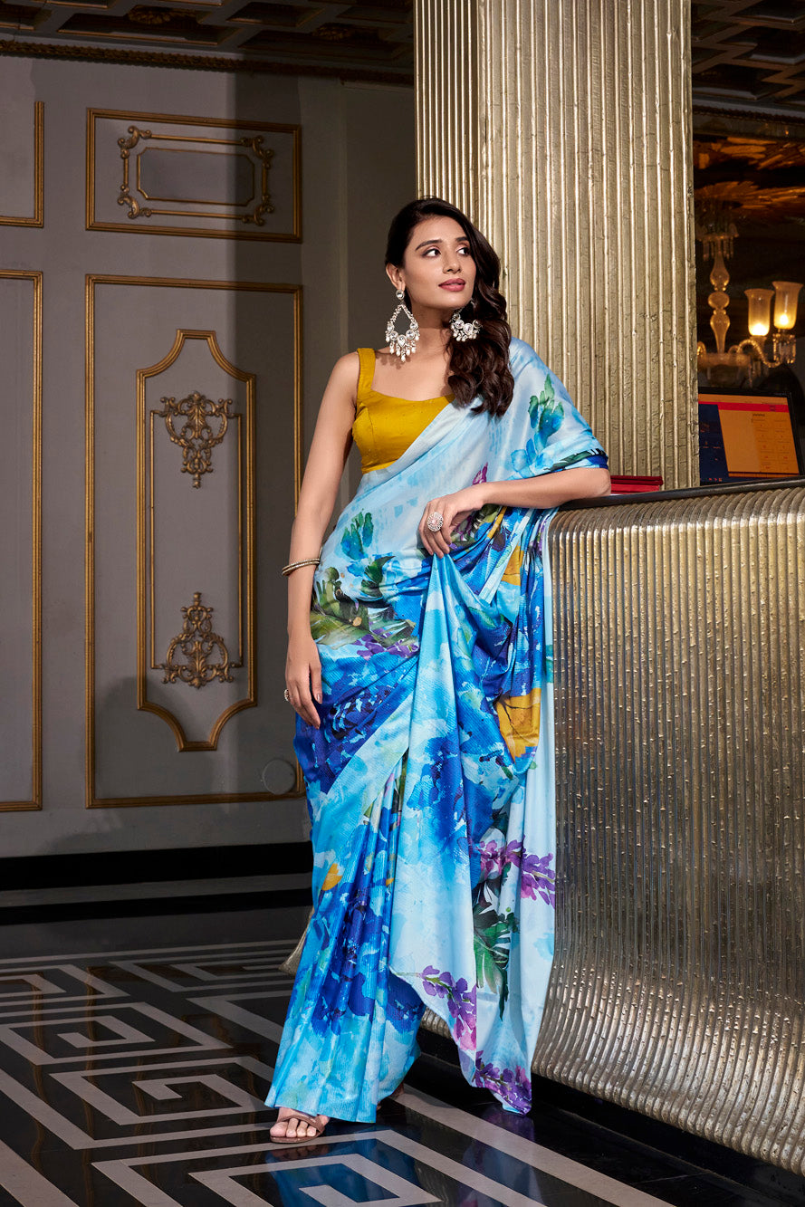 Sky blue Printed Satin Silk Saree with Smooth Elegance