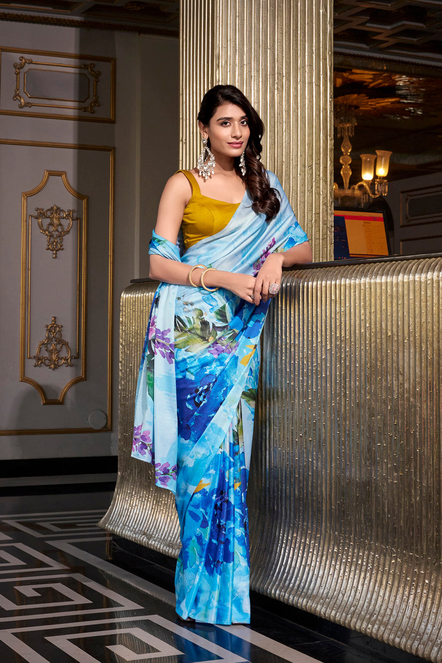 Sky blue Printed Satin Silk Saree with Smooth Elegance