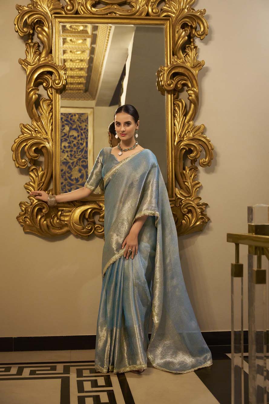 Sky blue Tissue Shimmer Saree with Zari Weaving & Sequins Lace