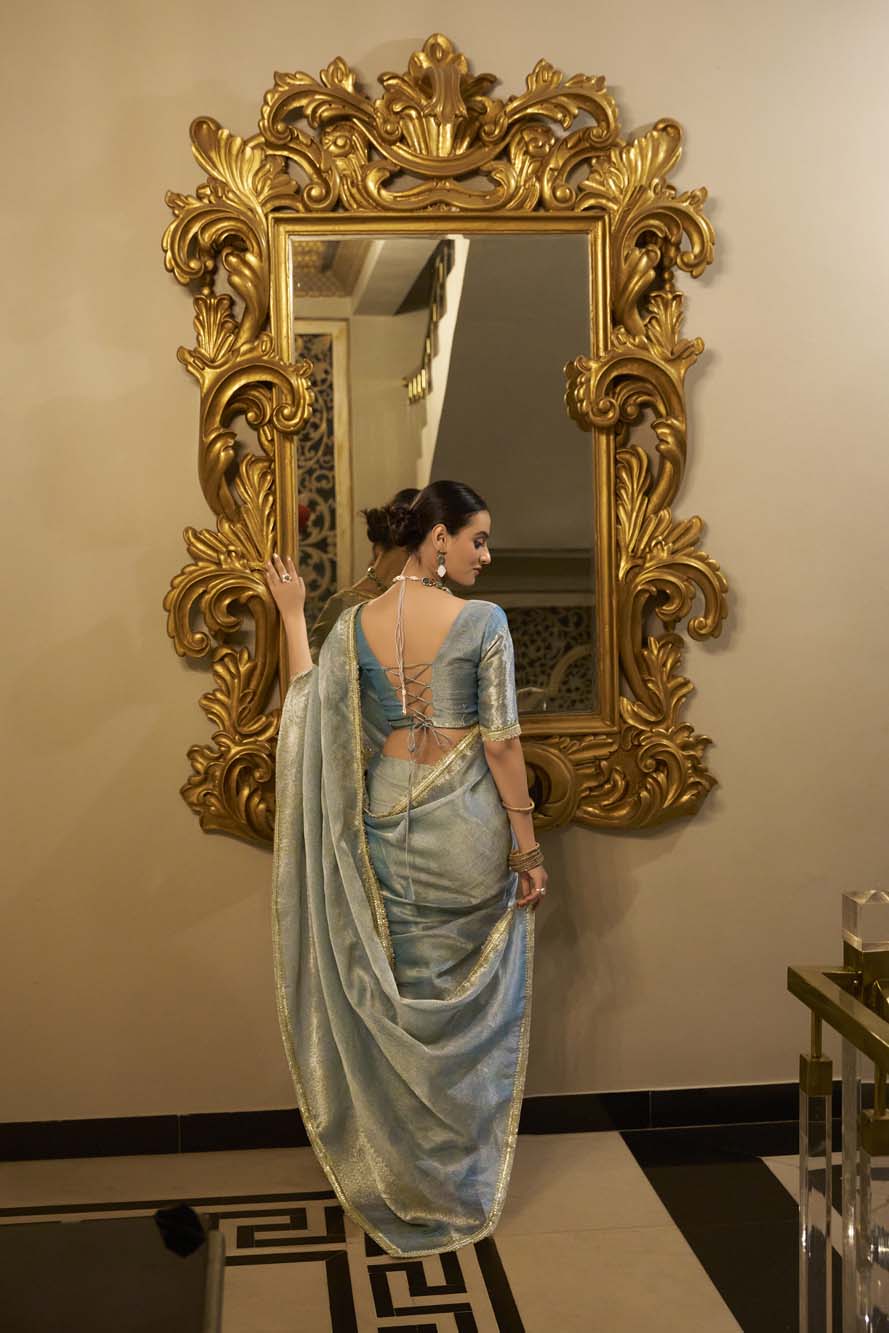 Sky blue Tissue Shimmer Saree with Zari Weaving & Sequins Lace