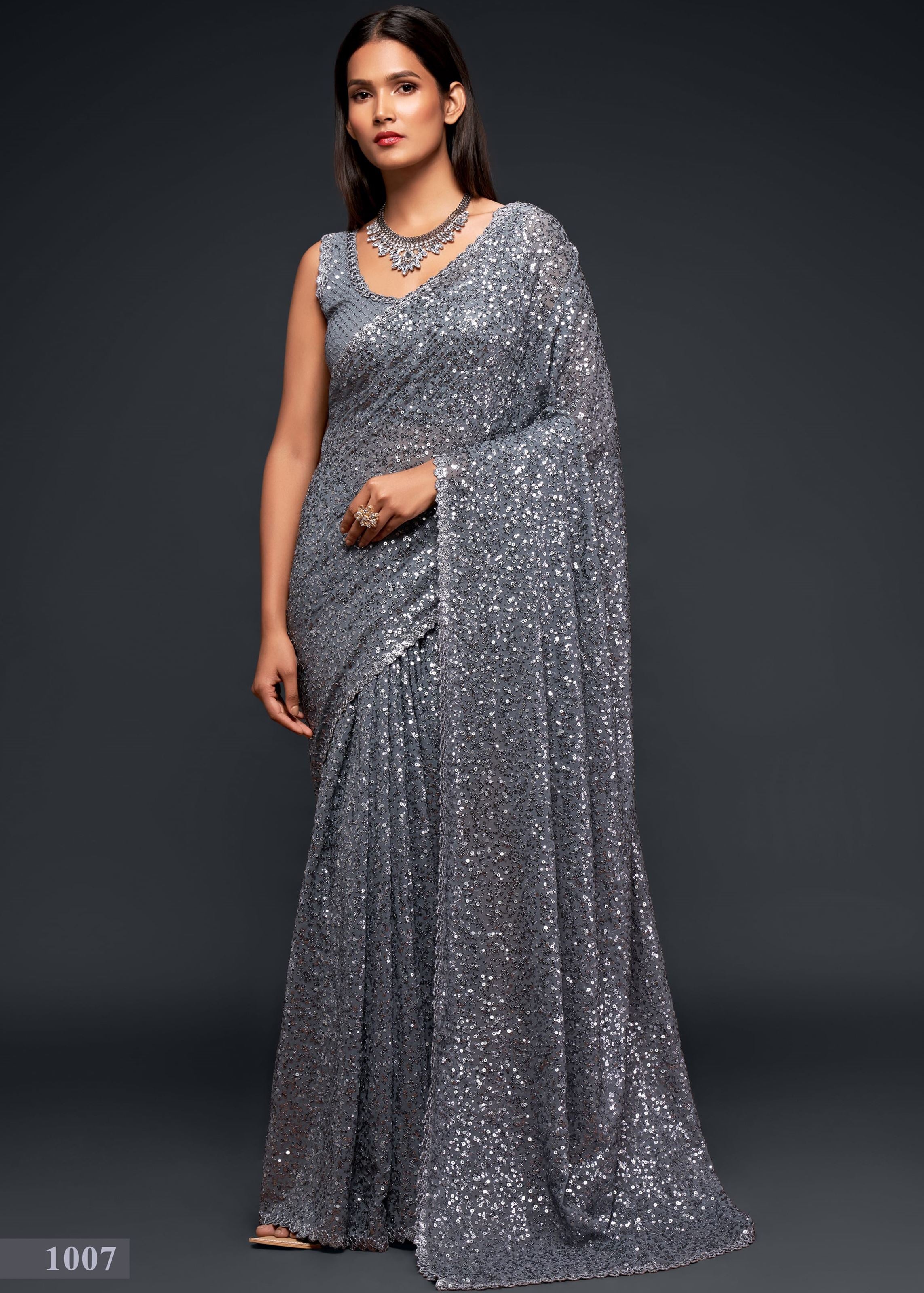 Slate Grey Georgette Saree with Thread Embroidery and Sequins Work