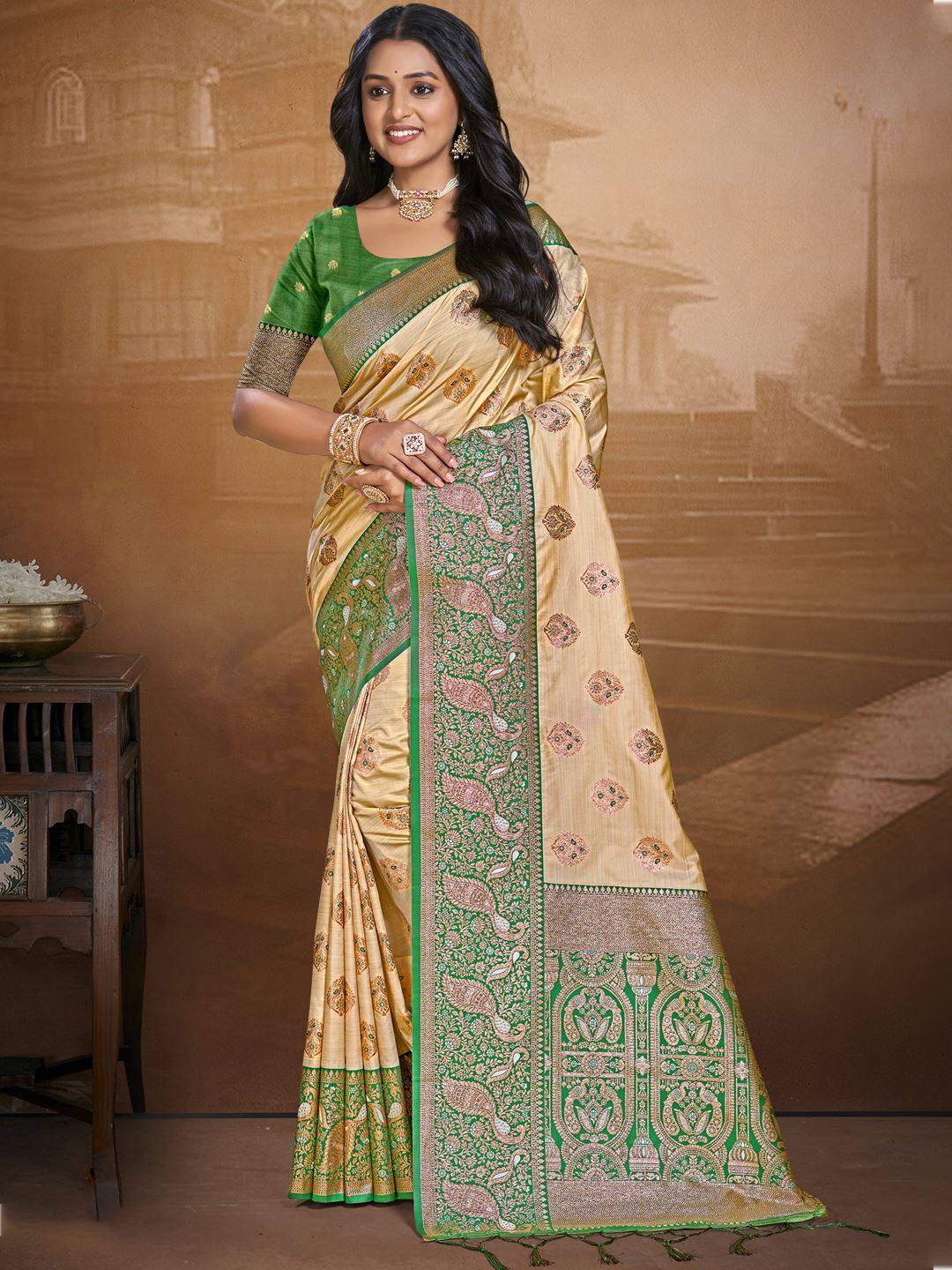Soft Beige and Tranquil Teal Silk Saree