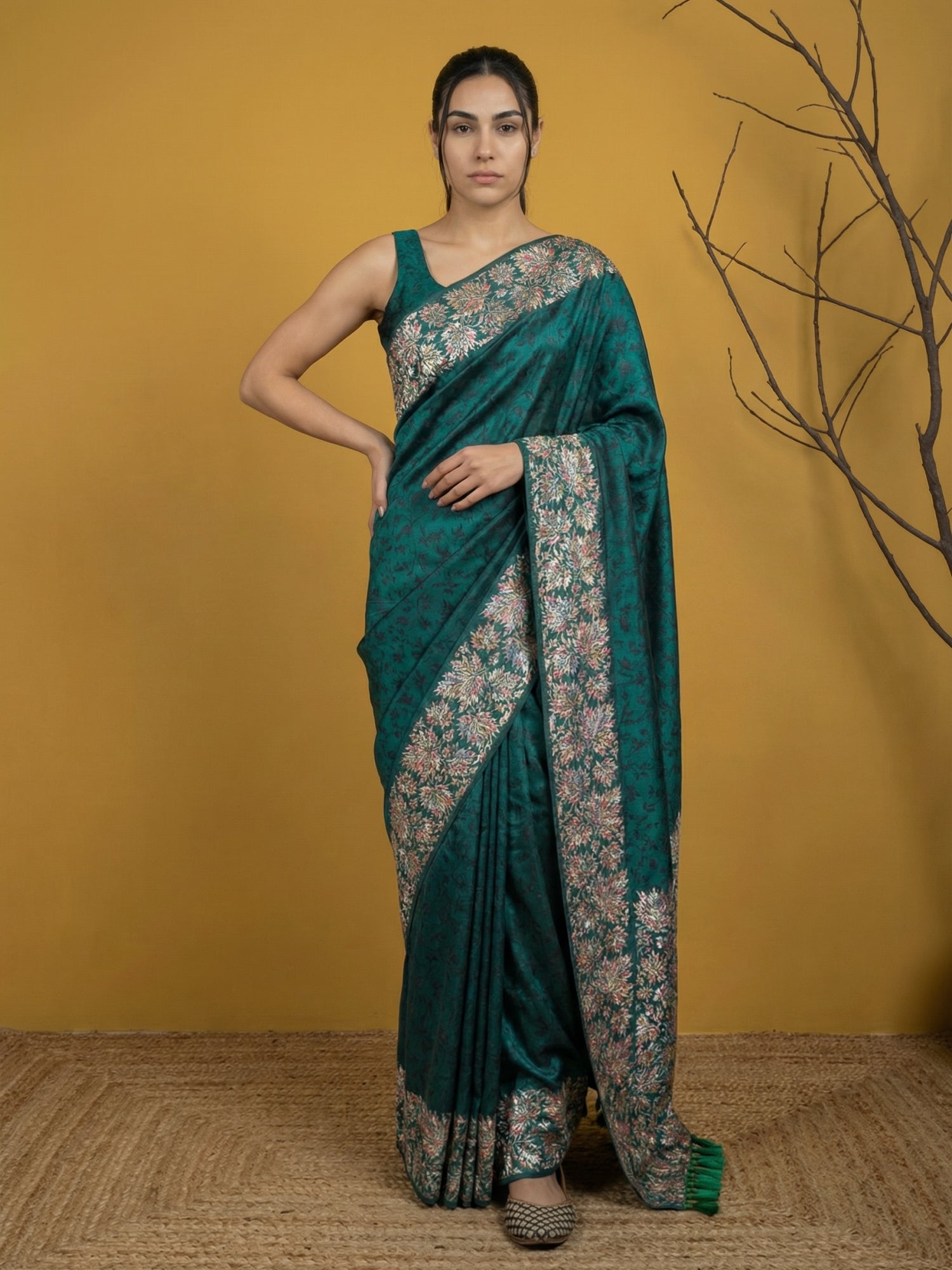 Sophisticated Teal Soft Silk Saree with Modern Print & Woven Work