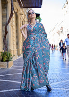 SteelBlue Satin Crape Saree With Digital Print