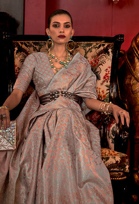 Stone Grey Handloom Weaving Silk Saree With Woven Work