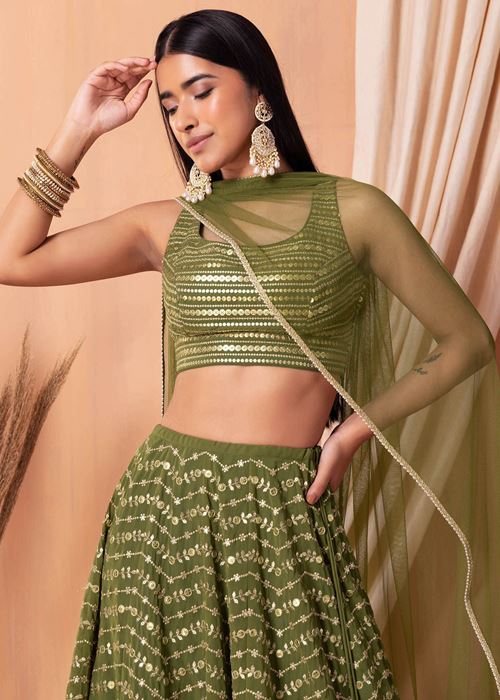 Stunning Green Zari Embroidered Georgette Mehendi Wear Lehenga Choli