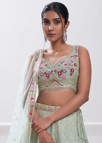 Stunning Pista Green Sequins Georgette Traditional Lehenga Choli