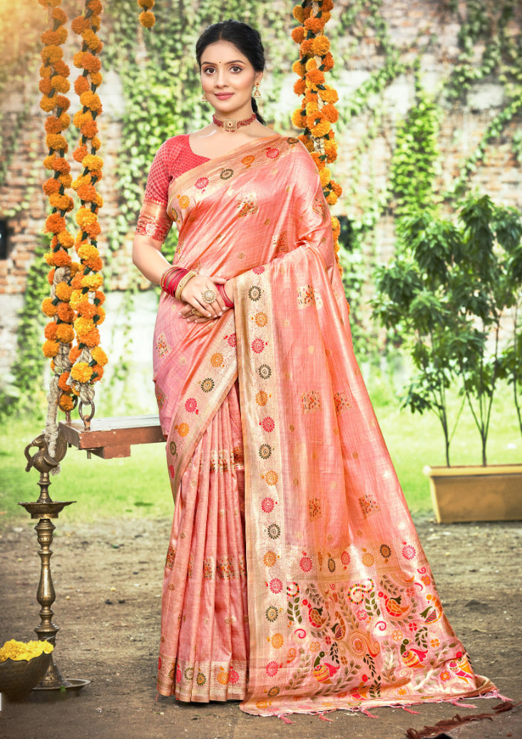 Stylish Peach Assam Silk Meenakari Festival Saree