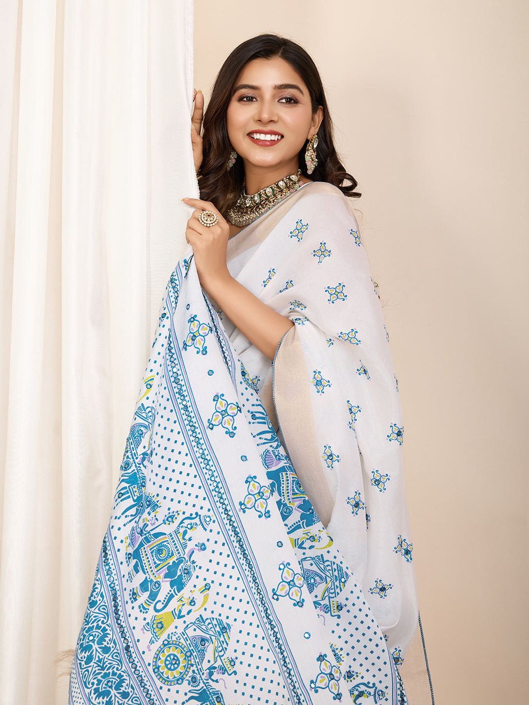 Table Printed Designer Hand Work Off White Blended Coton Saree