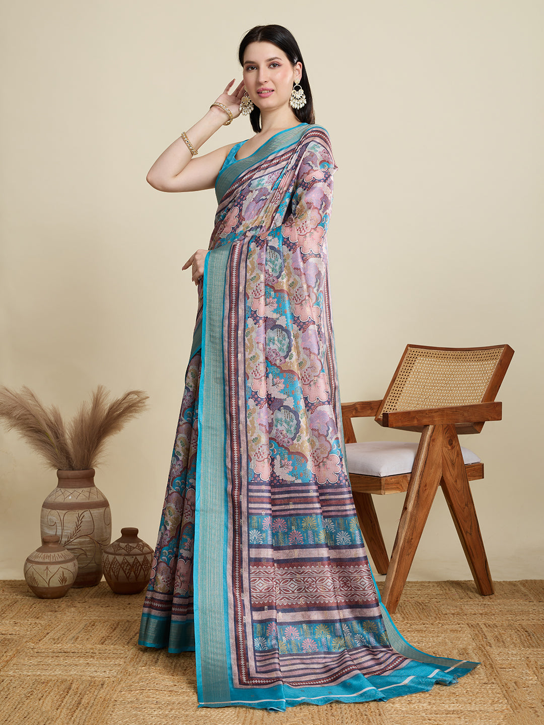 Tea Blue Cotton Woven Border Designer And Printed Ceremonial Saree