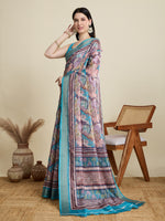 Tea Blue Cotton Woven Border Designer And Printed Ceremonial Saree