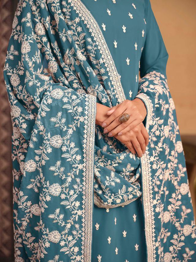 Teal-Blue Salwar Kameez With Thread Emboirdered Work