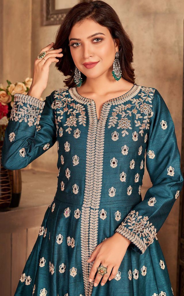 Teal Art Silk Thread Embroidery, Zari With Mirror Work  Anarkali Suits
