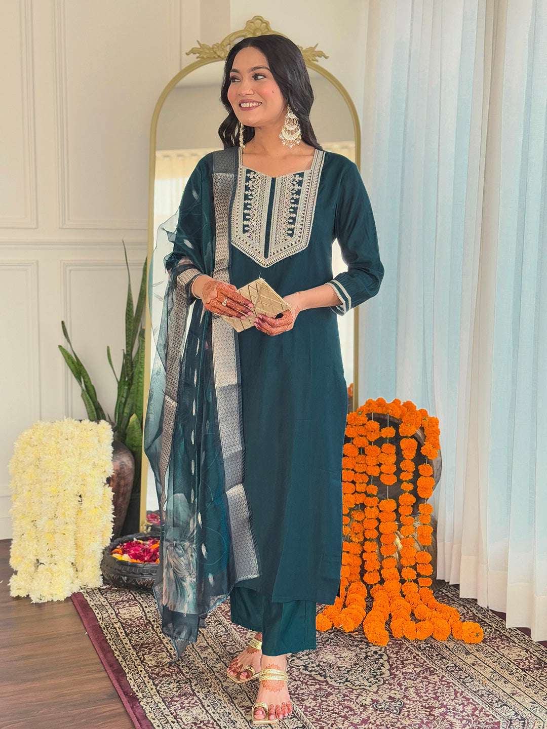 Teal BSY Viscose Elegant Kurta Pant Set With Embroidery Work