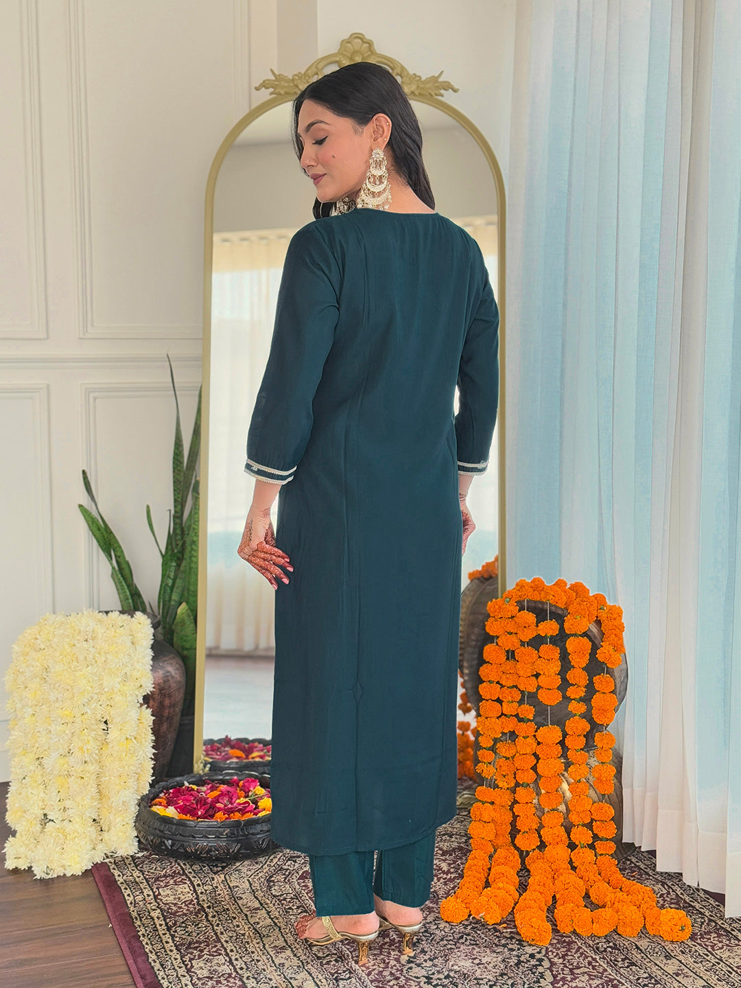 Teal BSY Viscose Elegant Kurta Pant Set With Embroidery Work