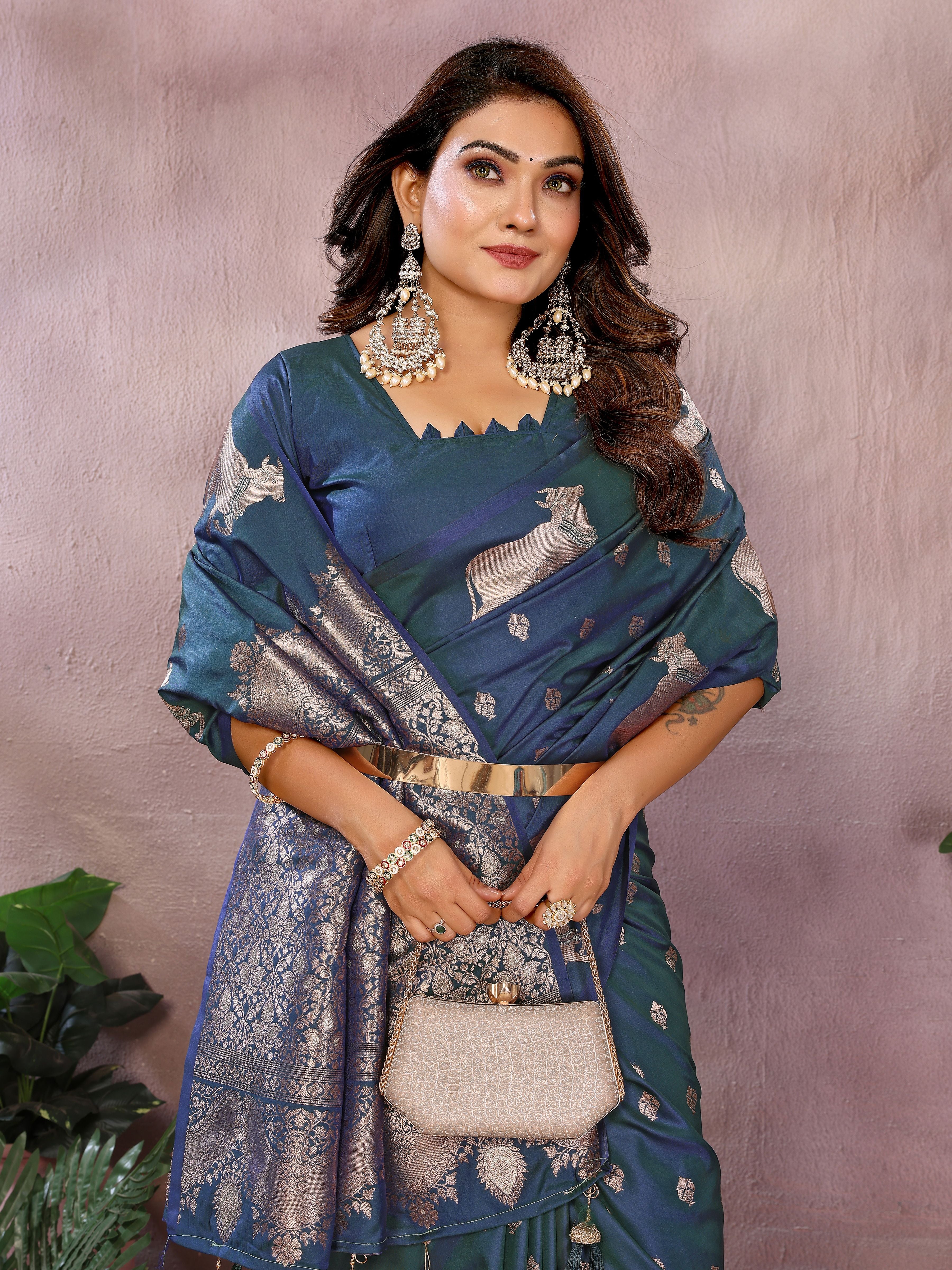 Teal Banarasi Silk Jacquard Weaving Designer Ceremonial Saree