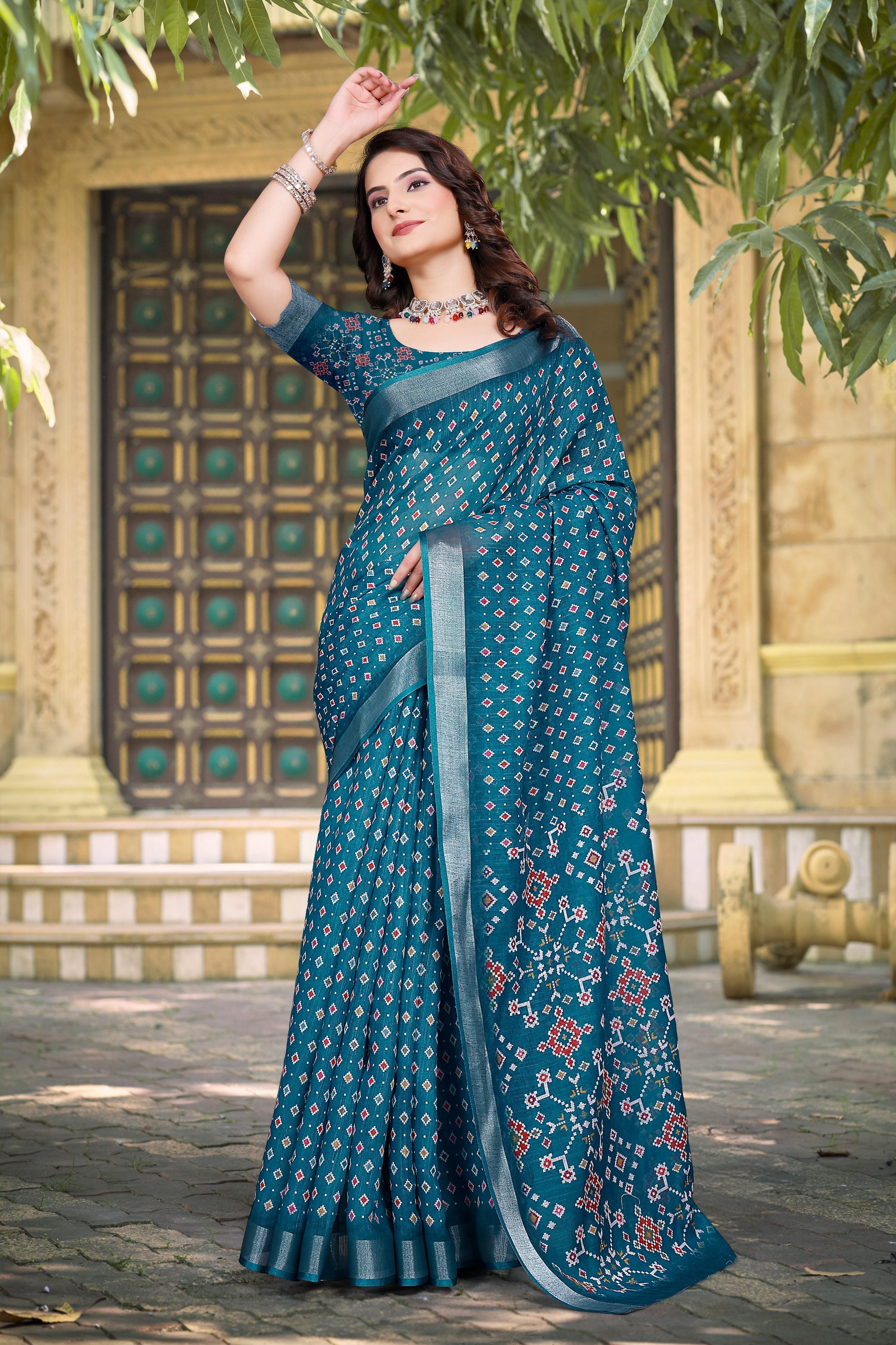 Teal Beautiful Designer Printed Saree With Woven Border
