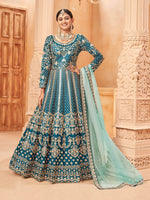 Teal Blue Art Silk Heavy Thread Embroidery with Zari Work  Anarkali Suits