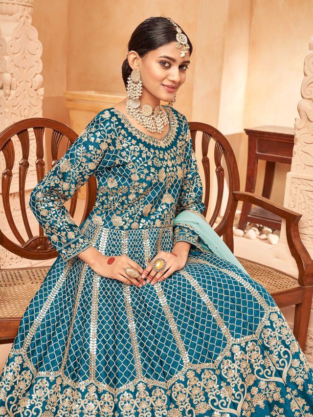 Teal Blue Art Silk Heavy Thread Embroidery with Zari Work  Anarkali Suits