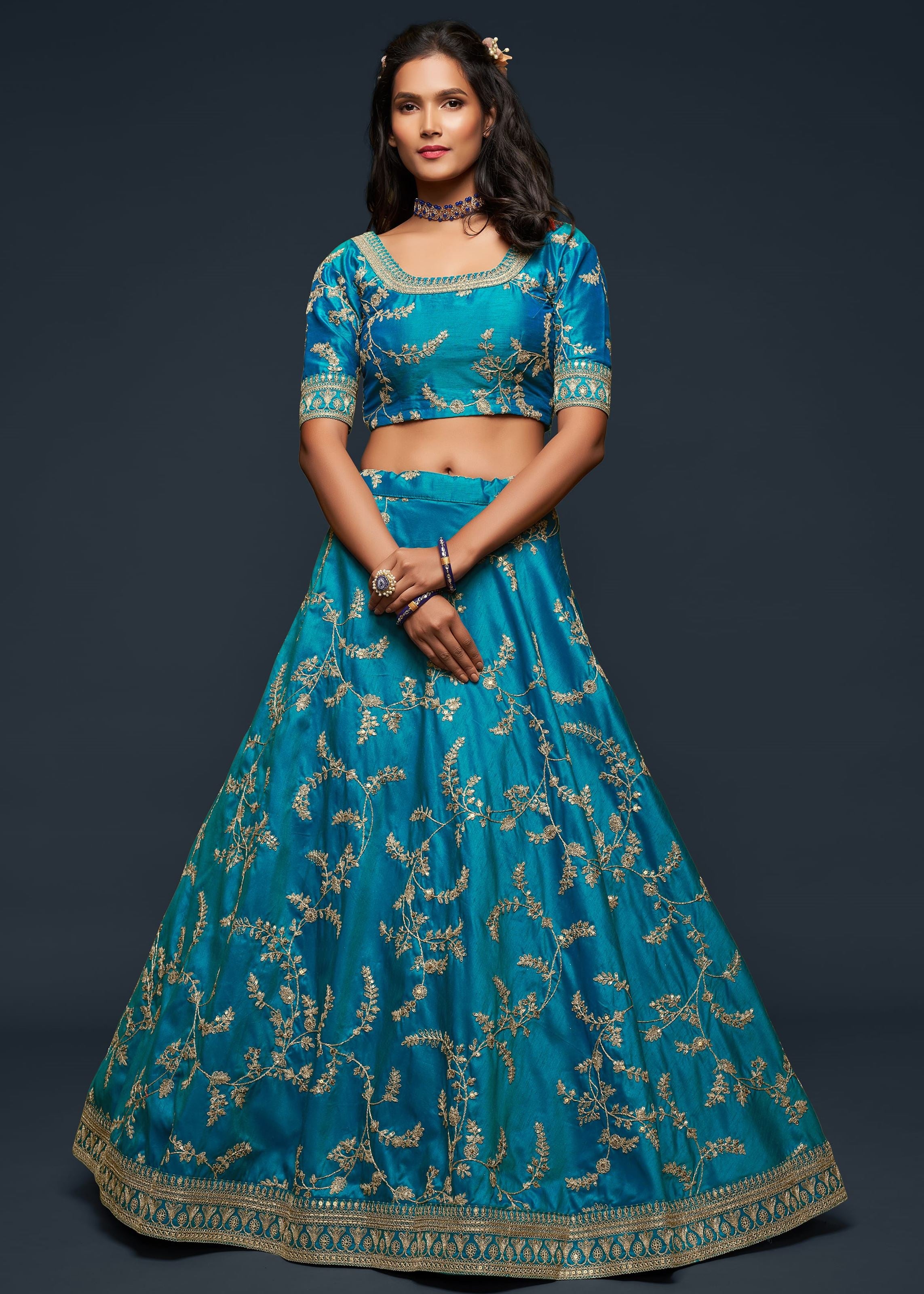 Teal Blue Art Silk Lehenga Choli With Thread, Zari, Dori and Sequins Embroidery Work