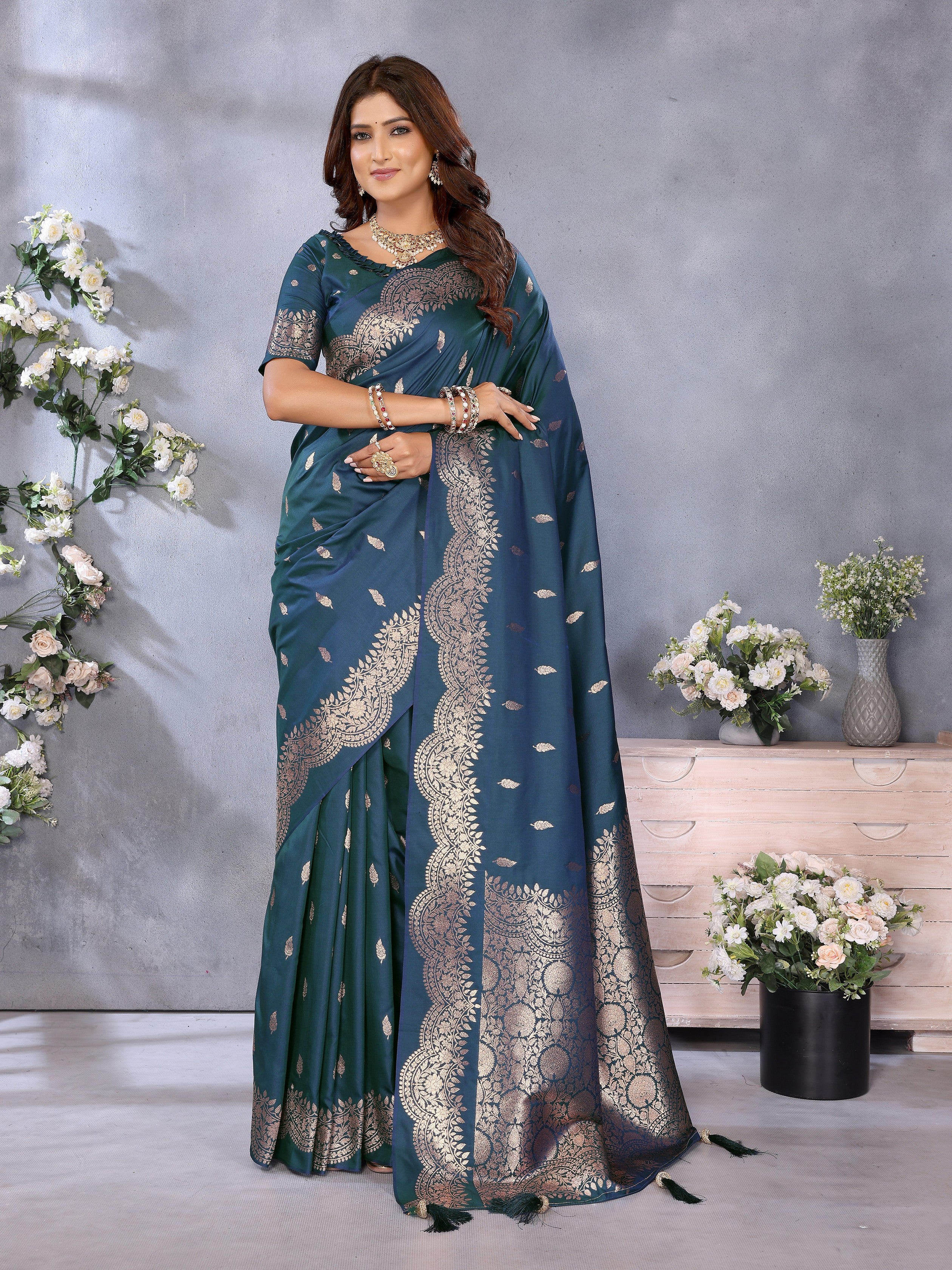 Teal Blue Banarasi Silk Jacquard Weaving Designer Partywear Traditional Saree