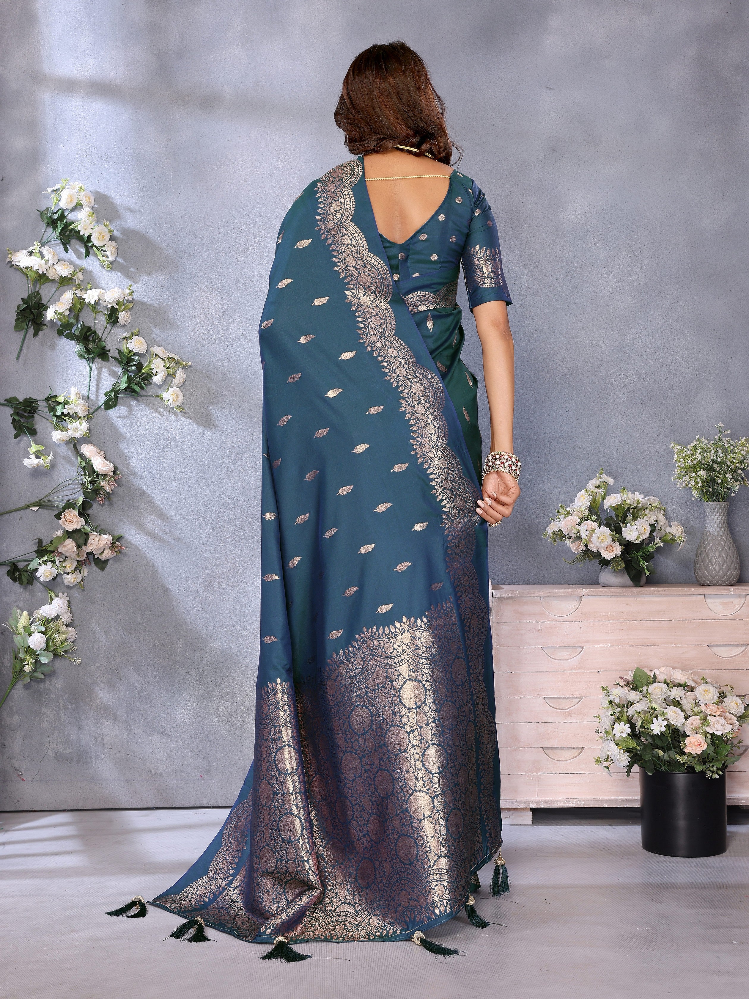Teal Blue Banarasi Silk Jacquard Weaving Designer Partywear Traditional Saree