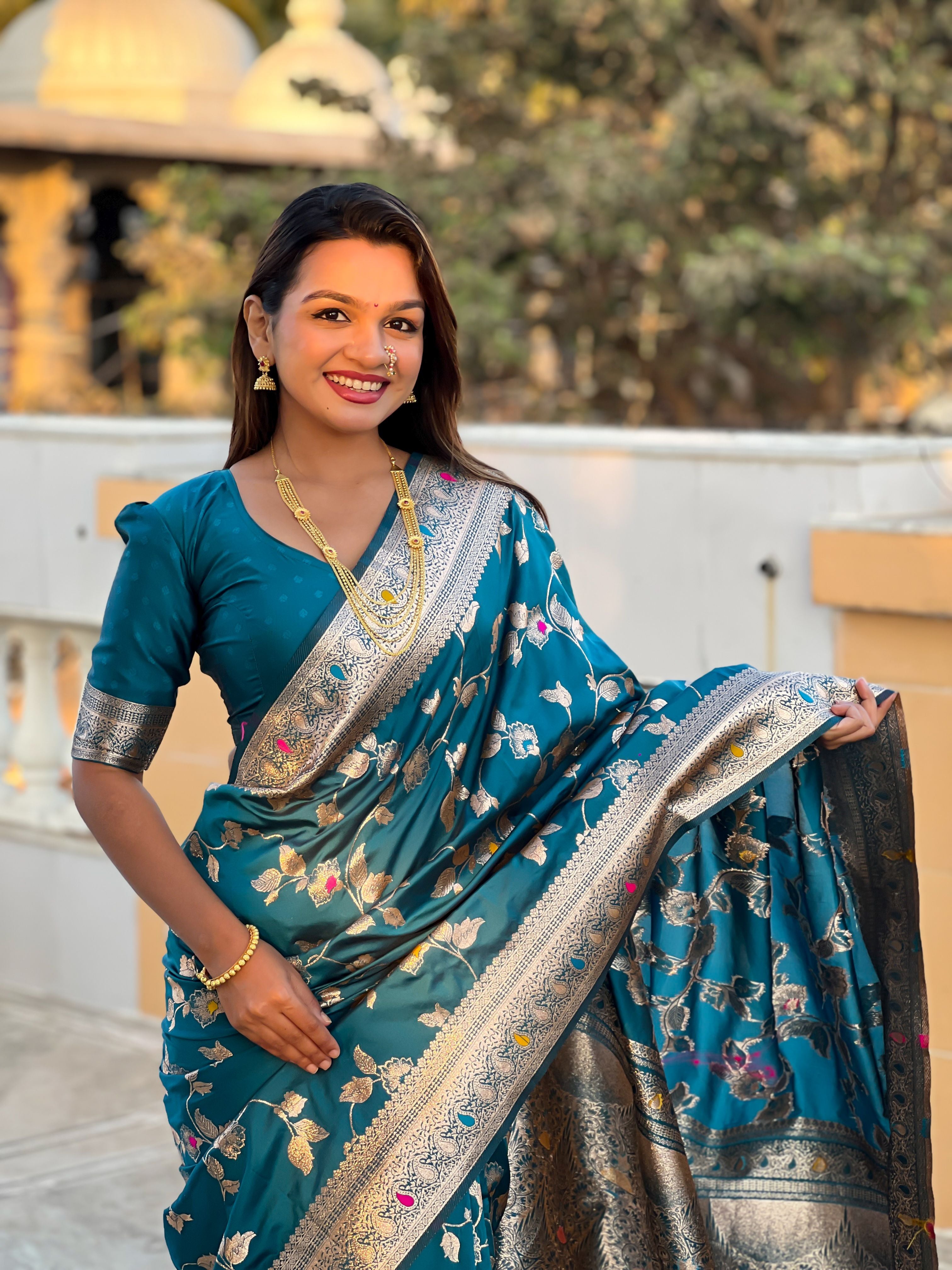 Teal Blue Banarasi Silk Woven Jacquard Designer Ceremonial Partywear Saree