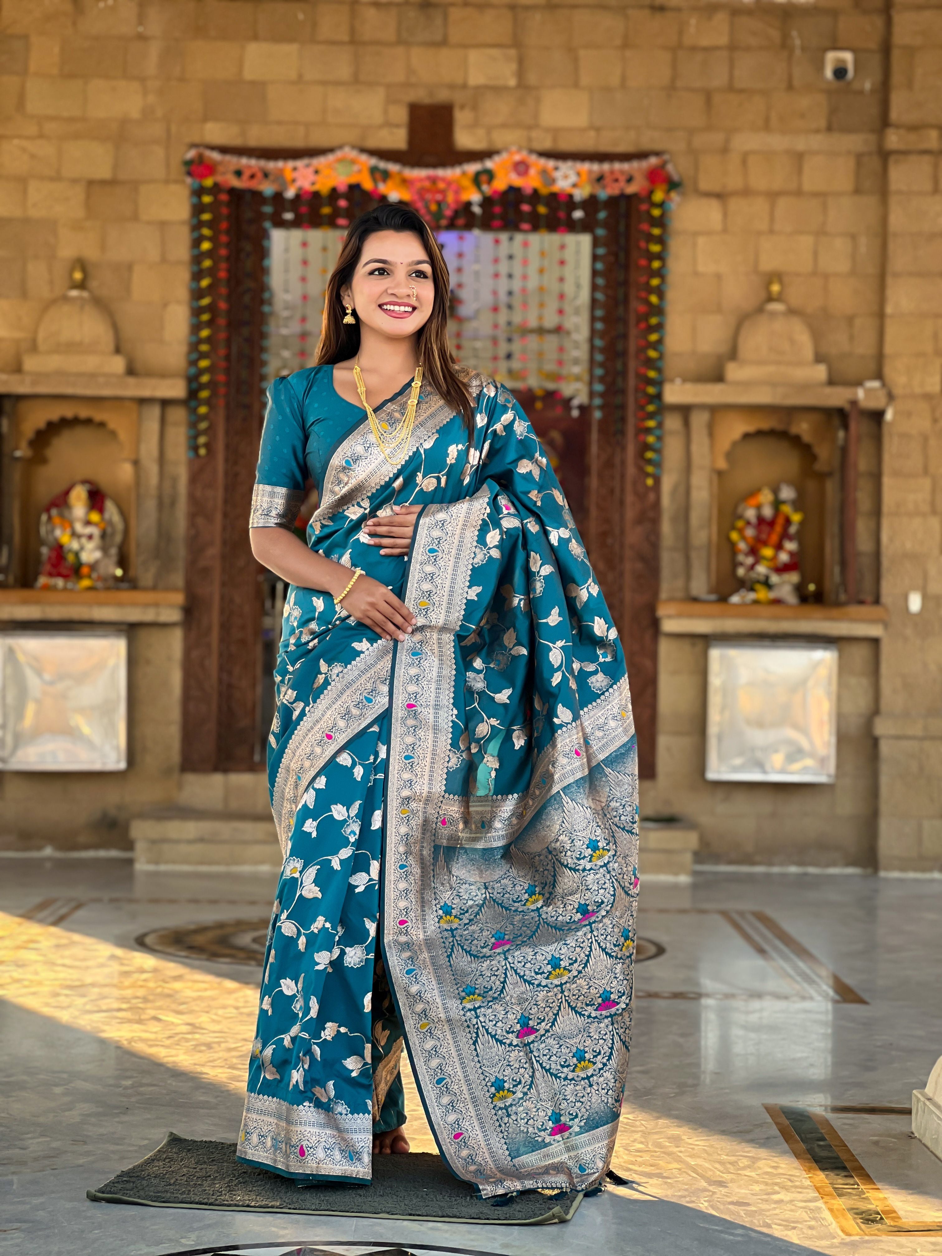 Teal Blue Banarasi Silk Woven Jacquard Designer Ceremonial Partywear Saree